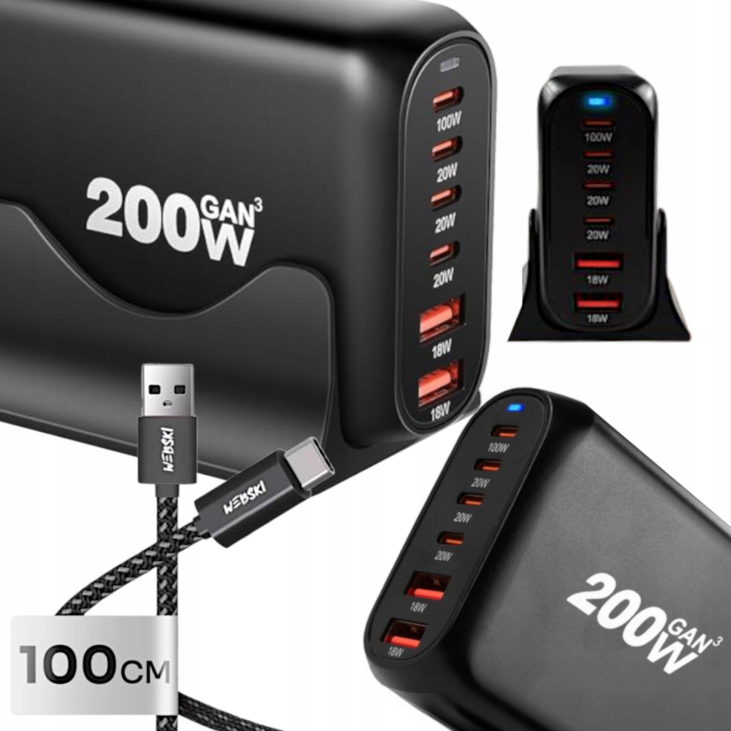 Síťová Nabíječka 200W GaN Qc Usb Rychlá Výkonná Stolní Napájecí Stanice
