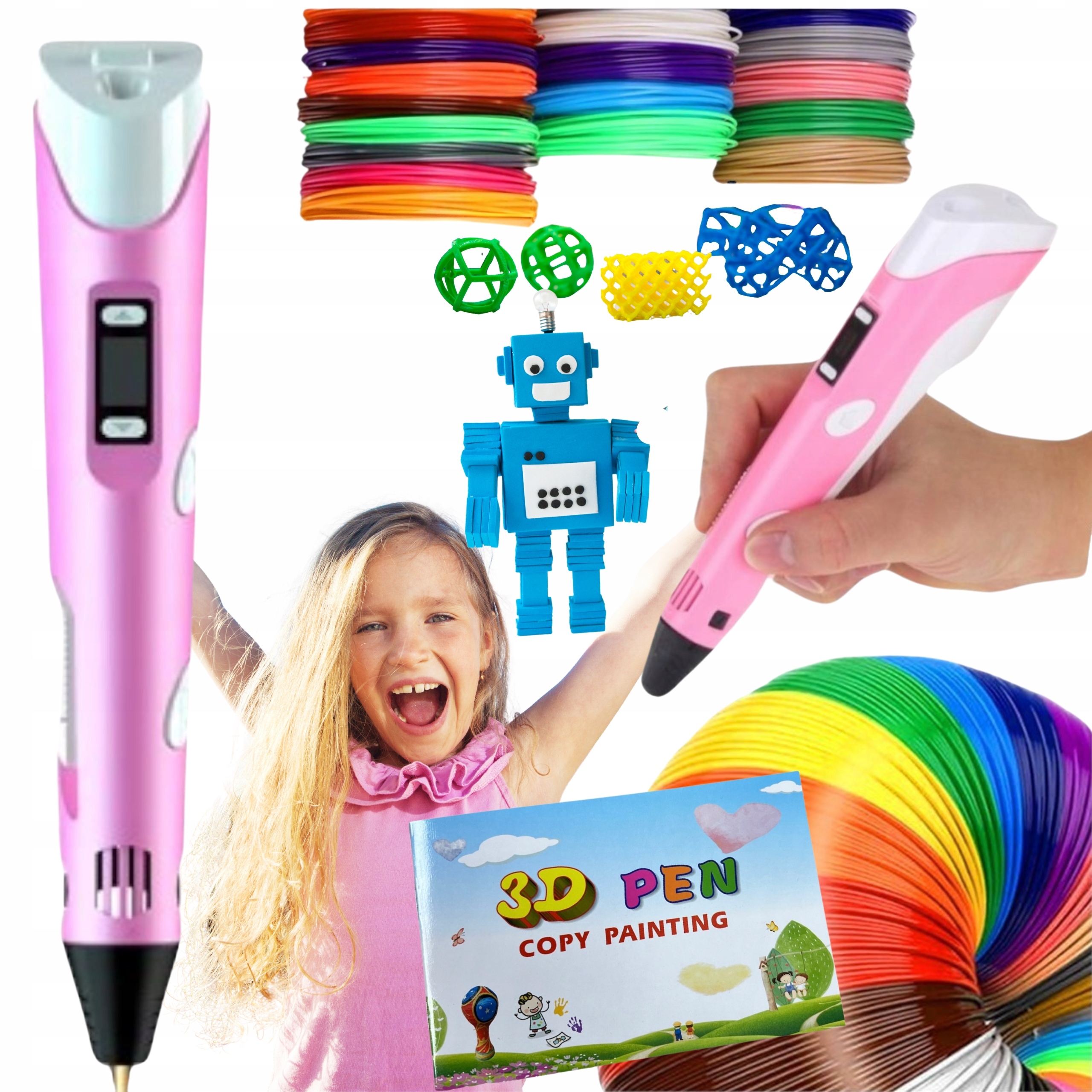 DŁUGOPIS 3D dla Dzieci Drukarka 3D PEN Różowy + 210m FILAMENT + Szablony