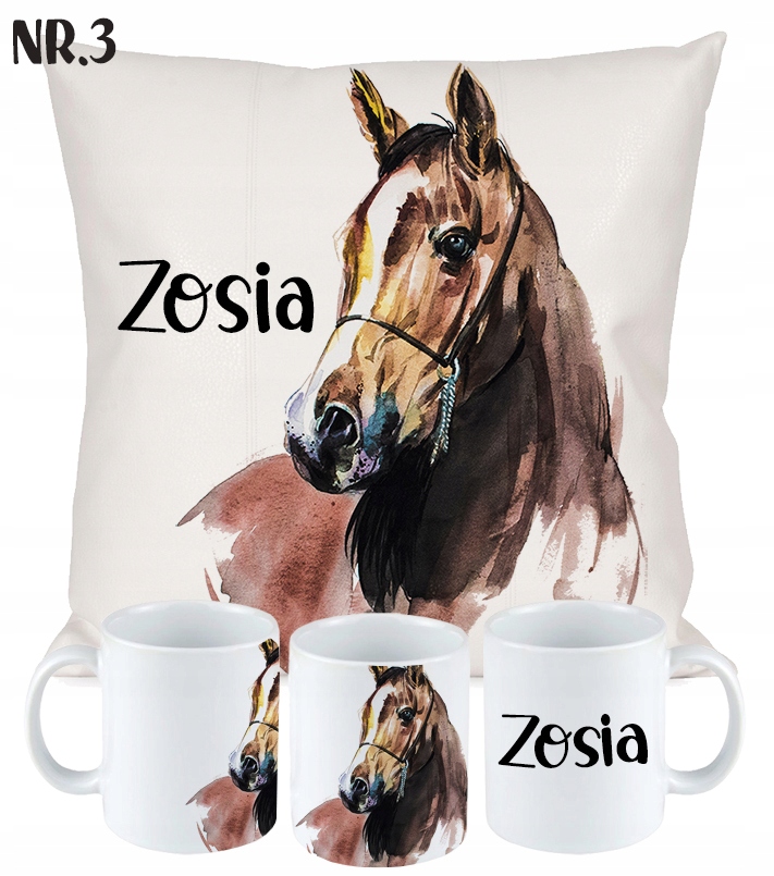 ZESTAW PODUSZKA KUBEK KOŃ KONIE prezent + IMIĘ Długość 40 cm