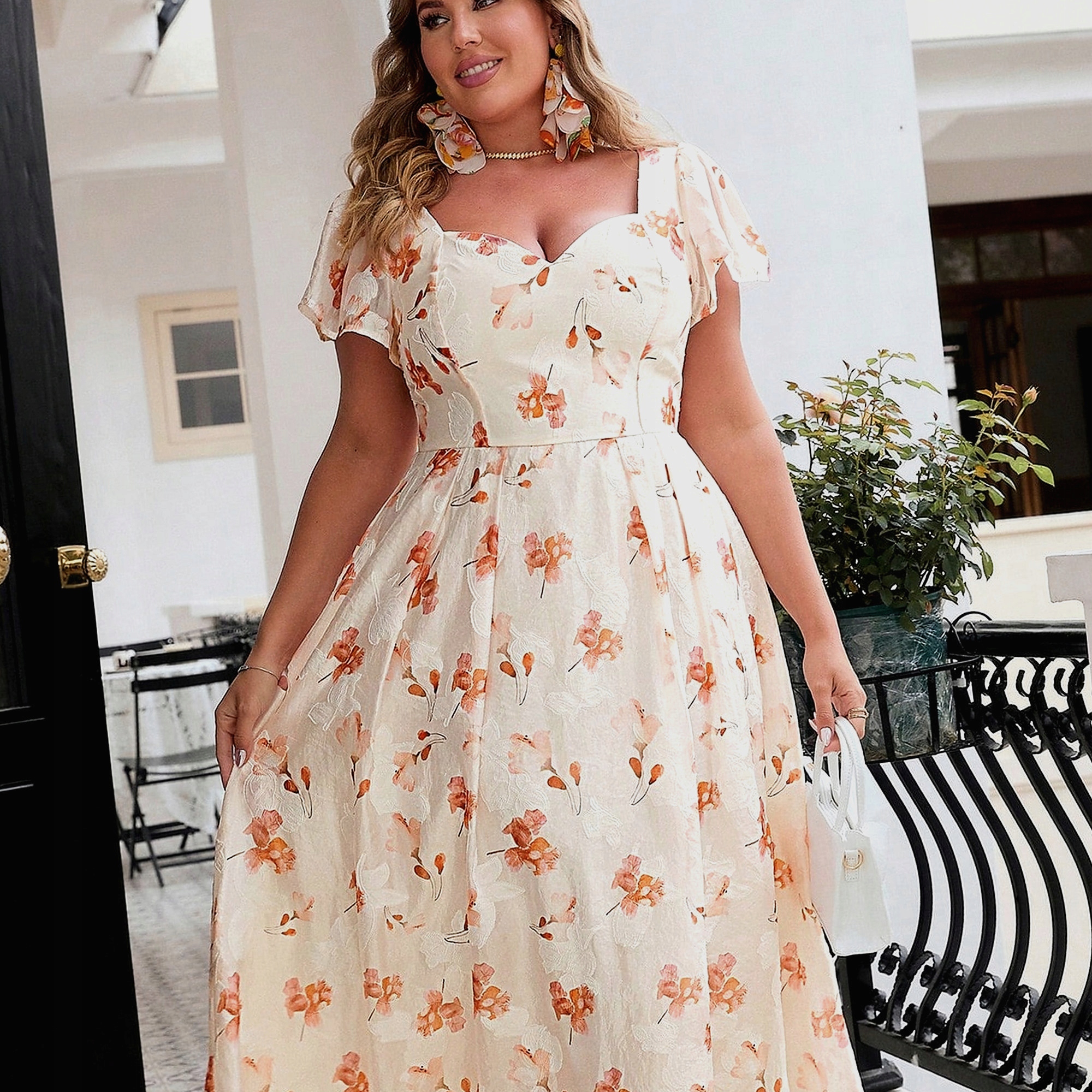 Šaty Organza s výstřihem Srdce trapézová s květinami Za koleno Dámská 3XL