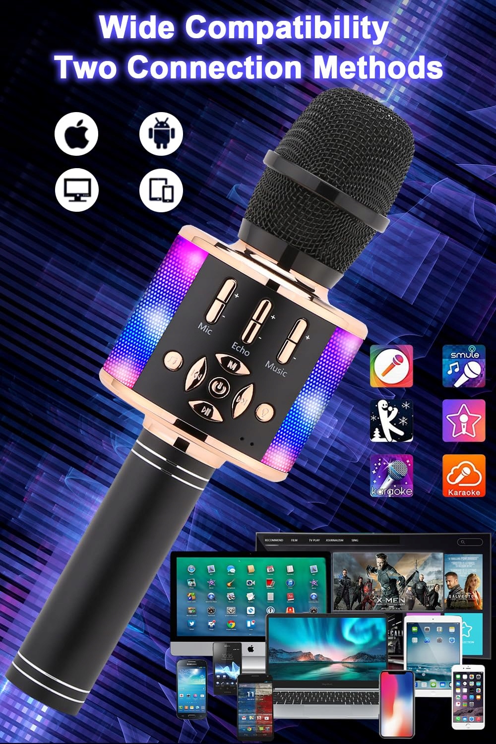 BONAOK Mikrofon Dla Dzieci Bezprzewodowy Karaoke Bluetooth 4w1 Czarnozłoty — miniatura 3