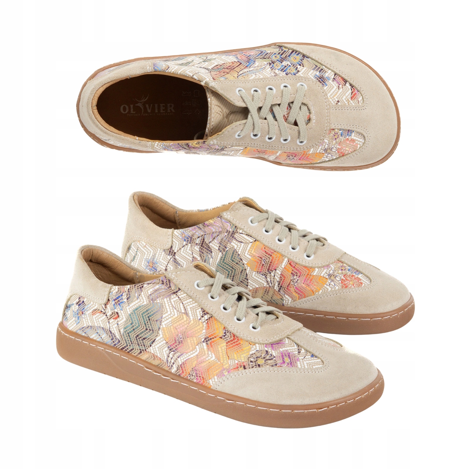 Dámské kožené barefootové boty Olivier Eliza s květinami, béžová 37