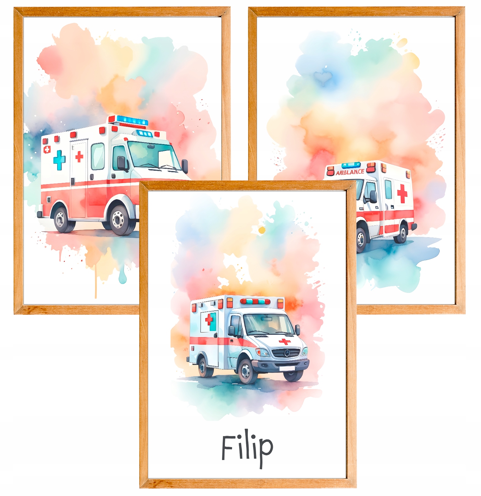 3 OBRAZKI DO POKOJU DZIECIĘCEGO A3 PLAKATY KARETKA POGOTOWIE IMIE PREZENT