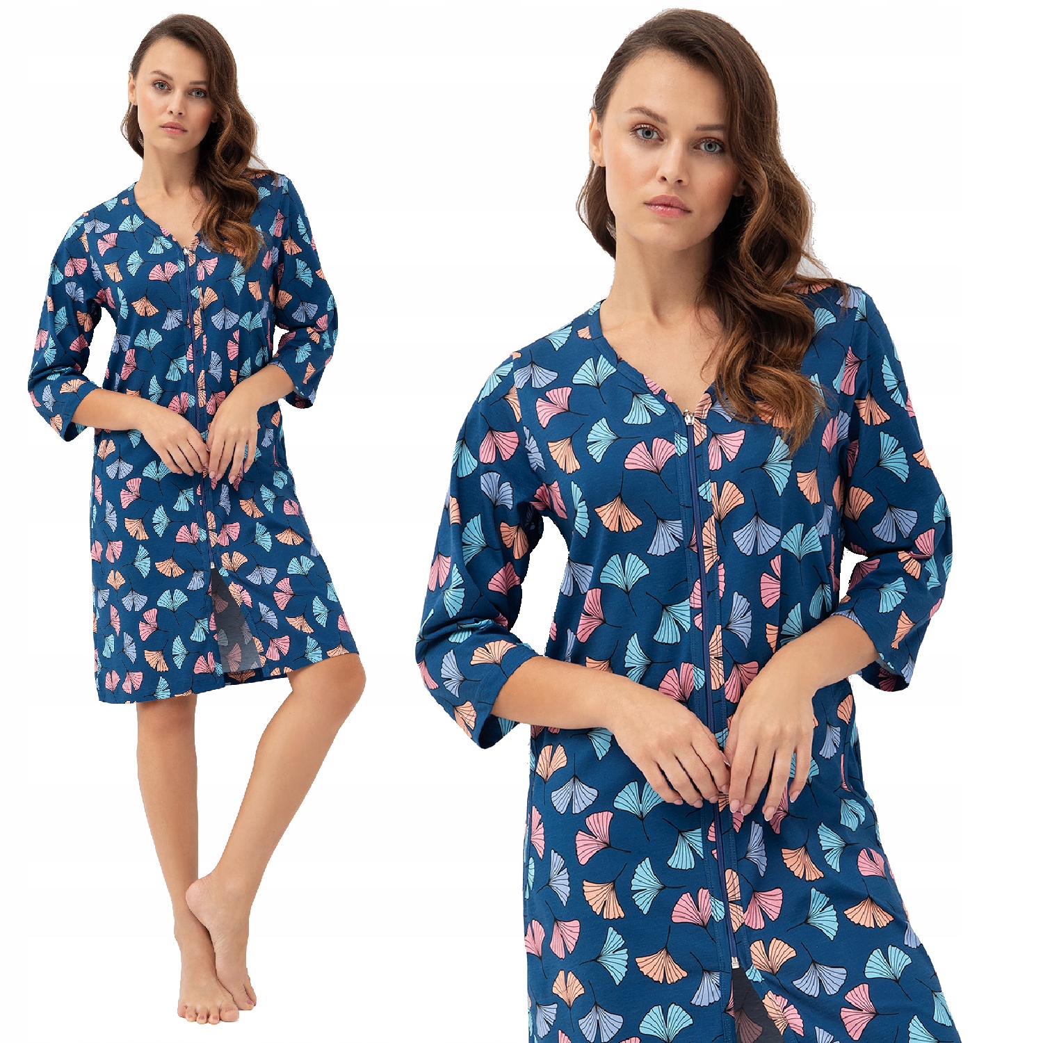 Dámský župan Luna kód 392 c. modrý s barevnými listy ginkga 3XL