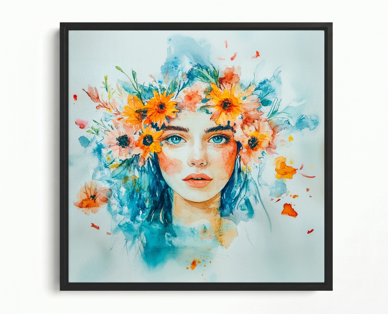 Obraz Rám Americký Box Tyrkysová Dáma Portrét Květiny Akvarel Boho 50x50