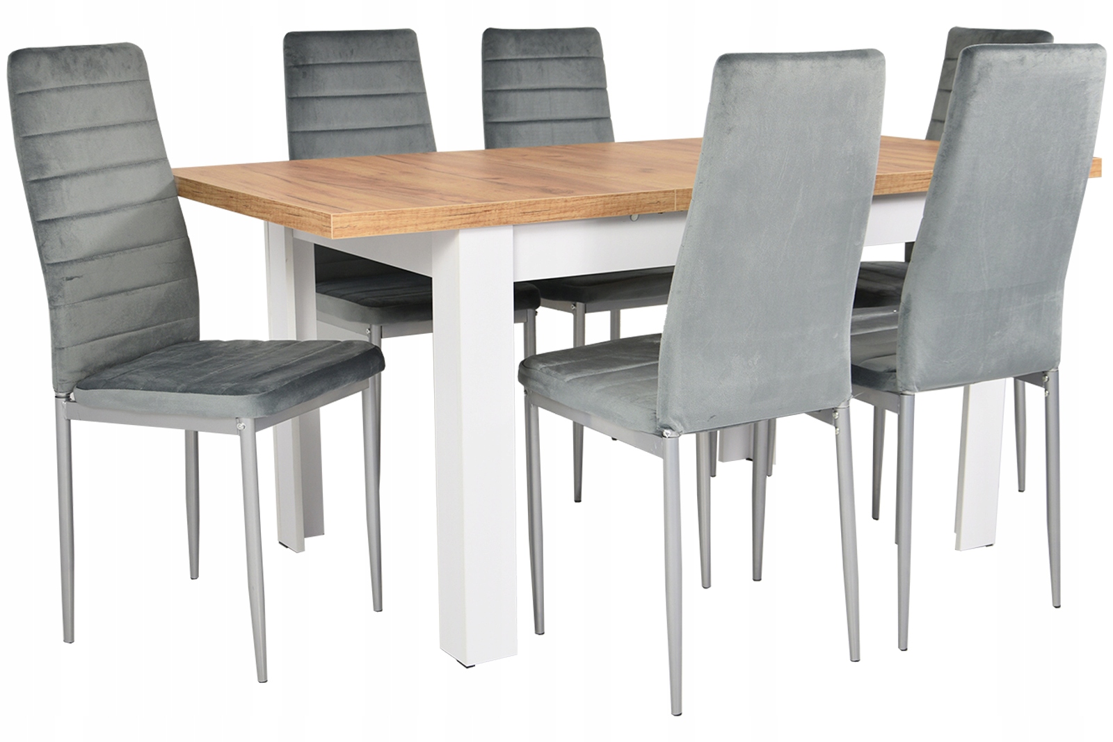 

6 szarych krzeseł i stół rozkładany Dąb Craft/biel