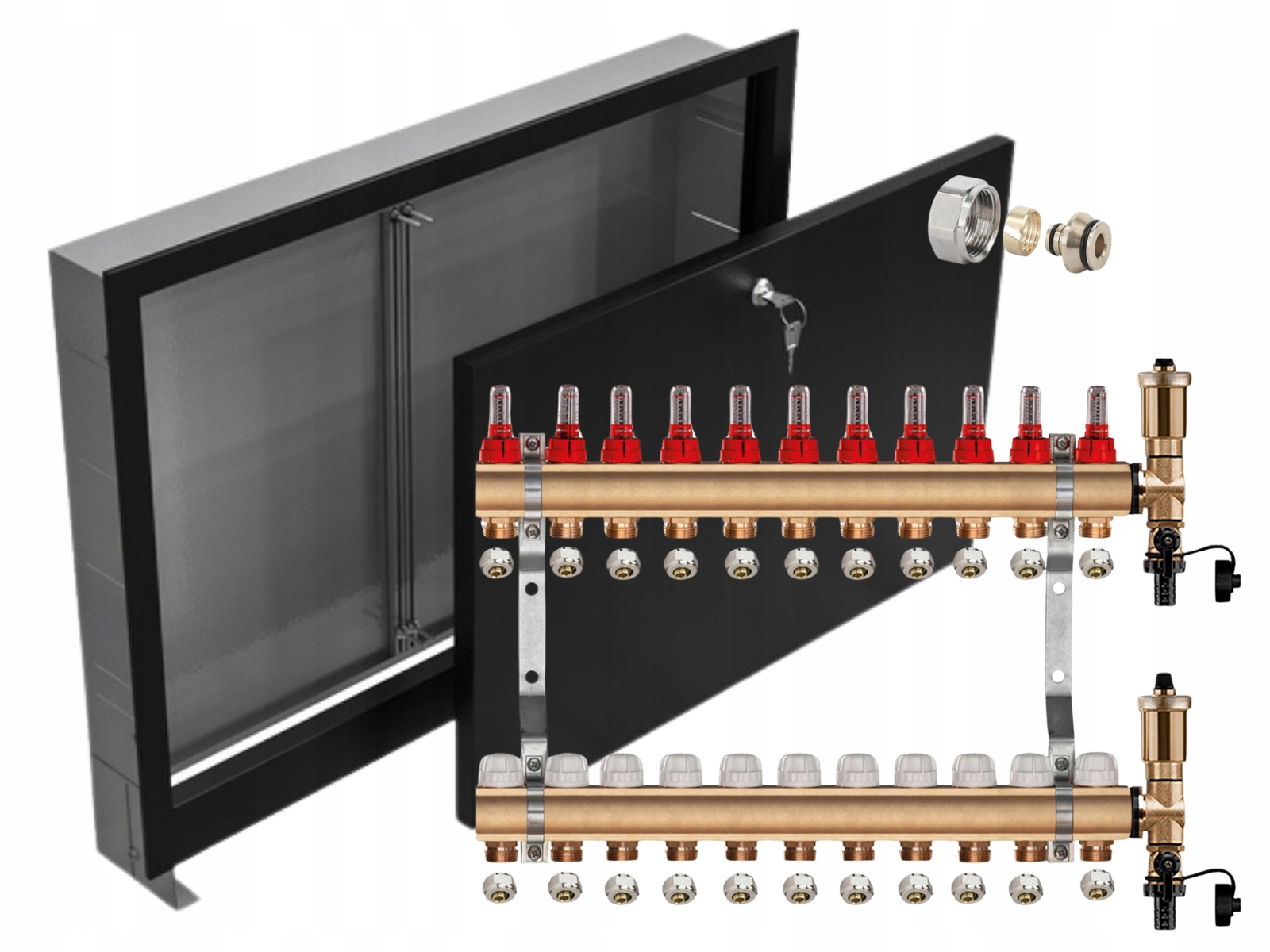 Mosazný Rozdělovač 11 Sekcí Pex Konektory Podomítková Skříňka Černá