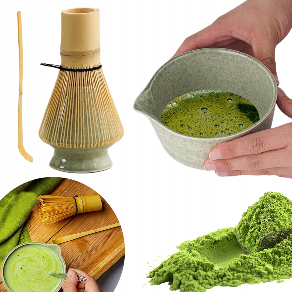 Levně 4 Ks Sada Na Čaj Matcha Keramická Bambusová Miska Whisk Stand