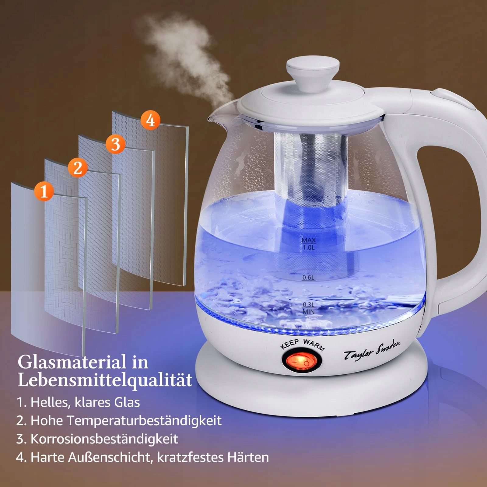 TAYLOR SWODEN Czajnik Elektryczny Szklany 1L 2200W LED BPA Free Z Teesitem — miniatura 5