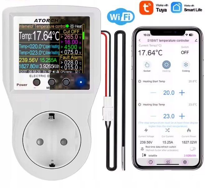 Zásuvkový termostat 3600W regulátor WiFi počítadlo 16A Zásuvka Tuya