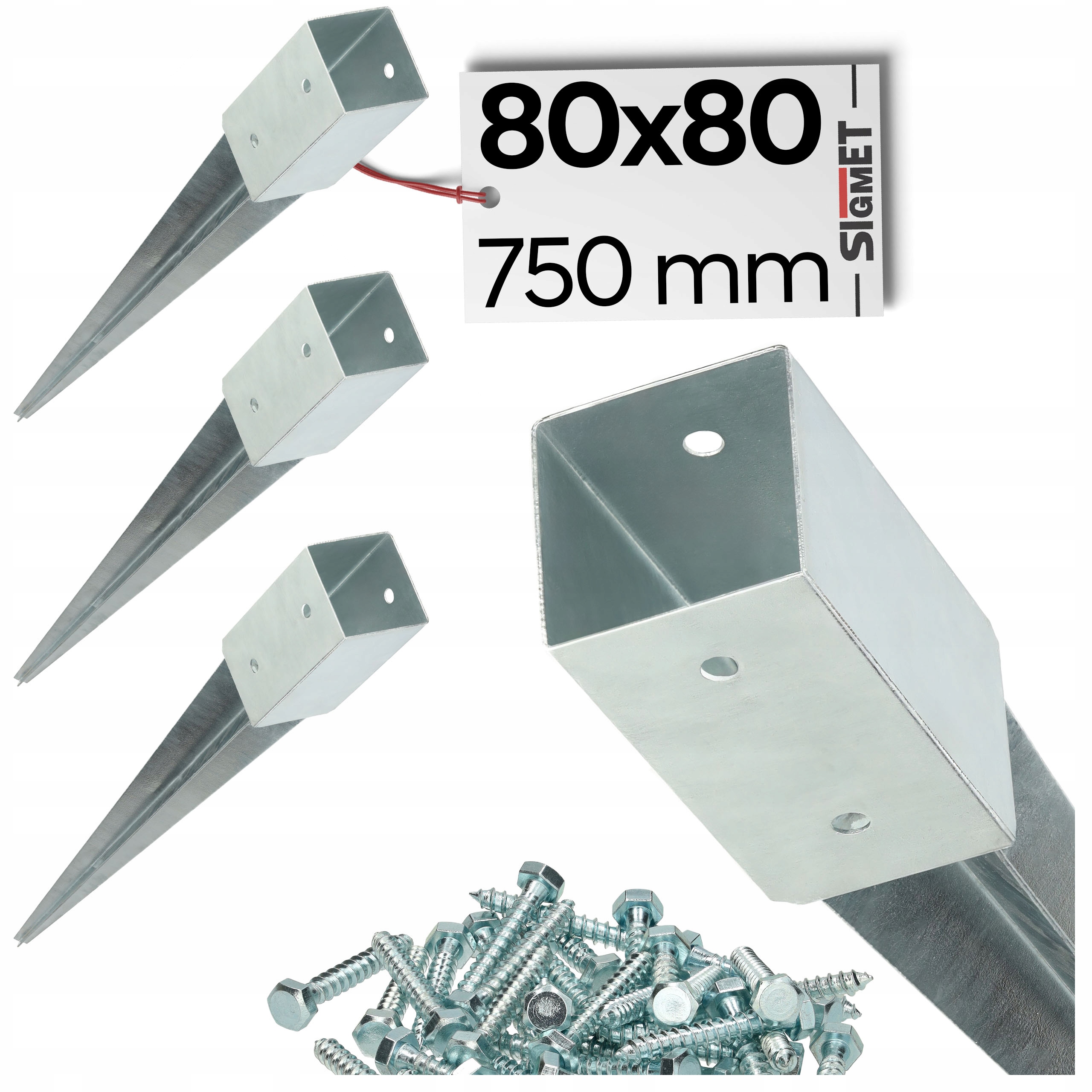 4 x Kotvící Kolík 80x80, délka 750 mm, základna pro sloup šrouby pro montáž