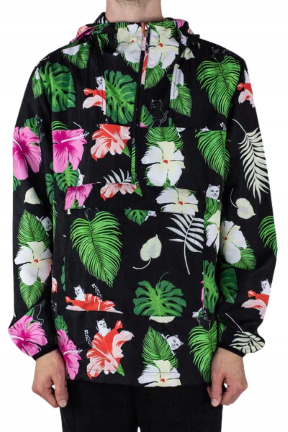 Unisexová přechodová bunda anorak RipNDip s květinovým potiskem a kočkami, oversize střih vel. M