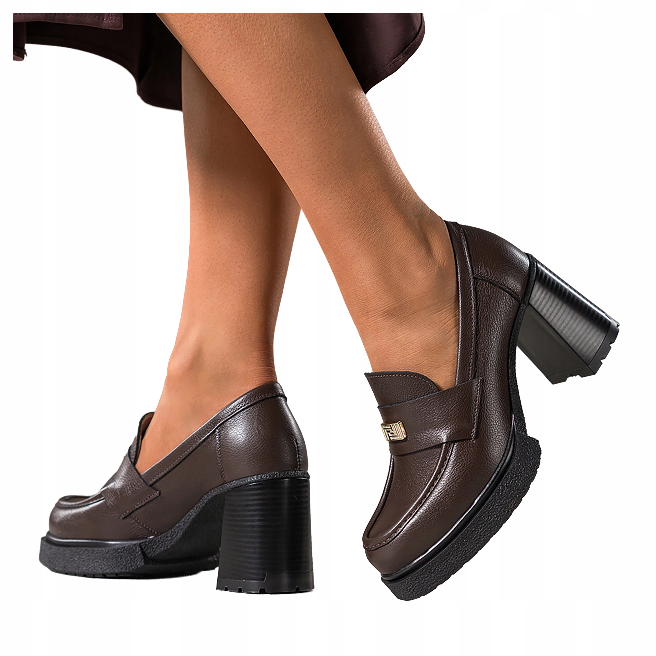 Čokoládové Mokasíny Dámské Kožené Polské s ozdobou Široký blok vel. 40