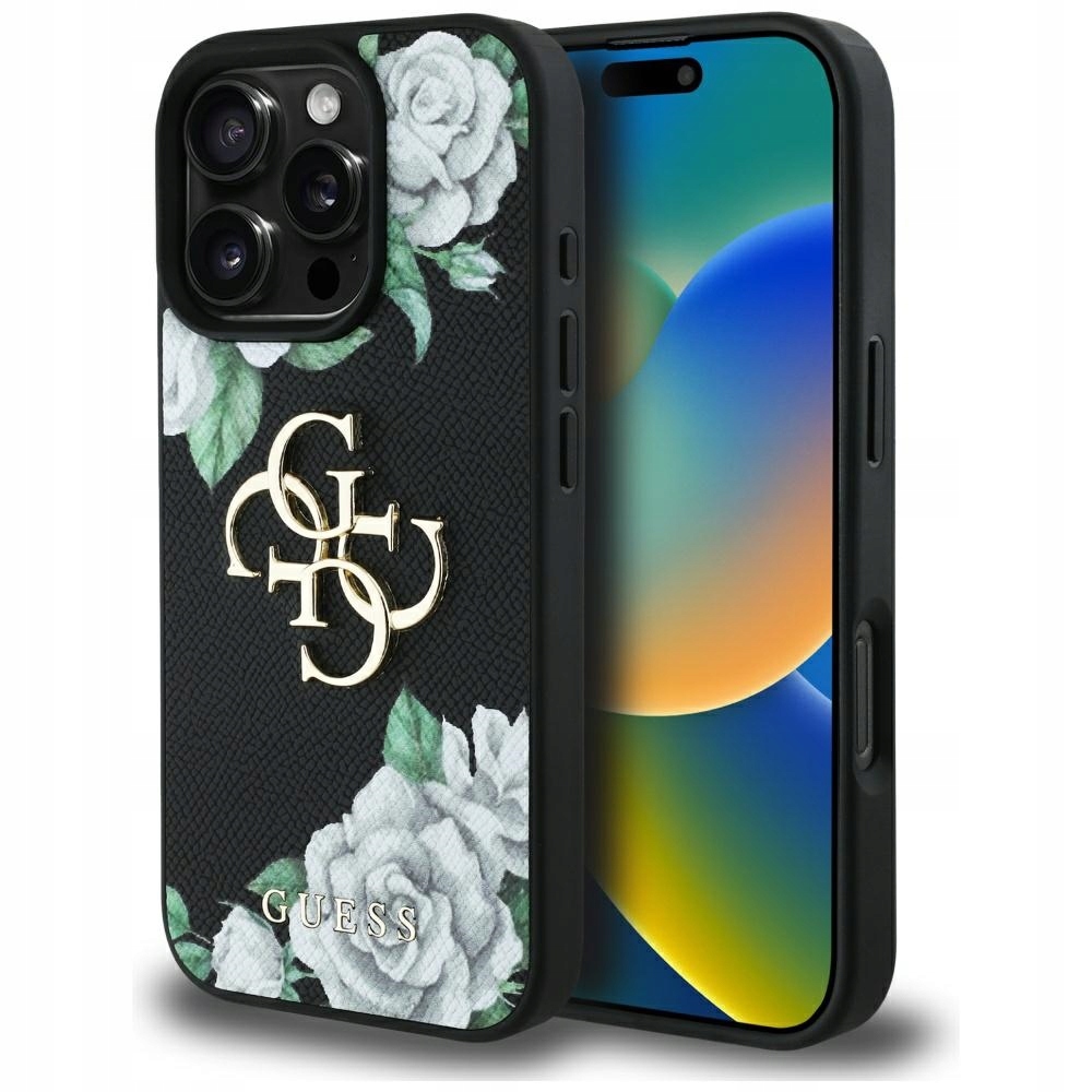 Pouzdro Guess Grained Roses Big 4G logo pro iPhone 16 Pro, černé
