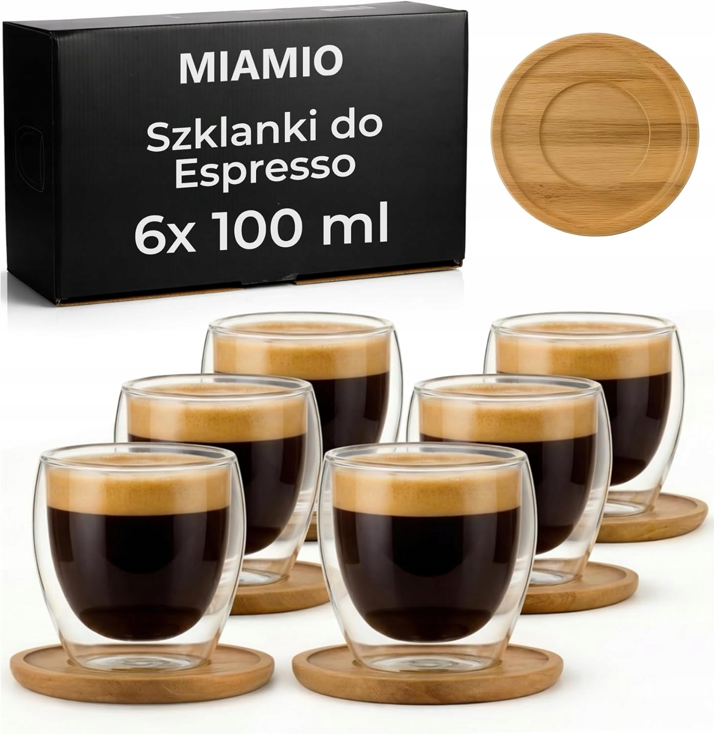 Sada 6 Šálků Espresso 100 ML Dvojitá Stěna Sklo Podšálky