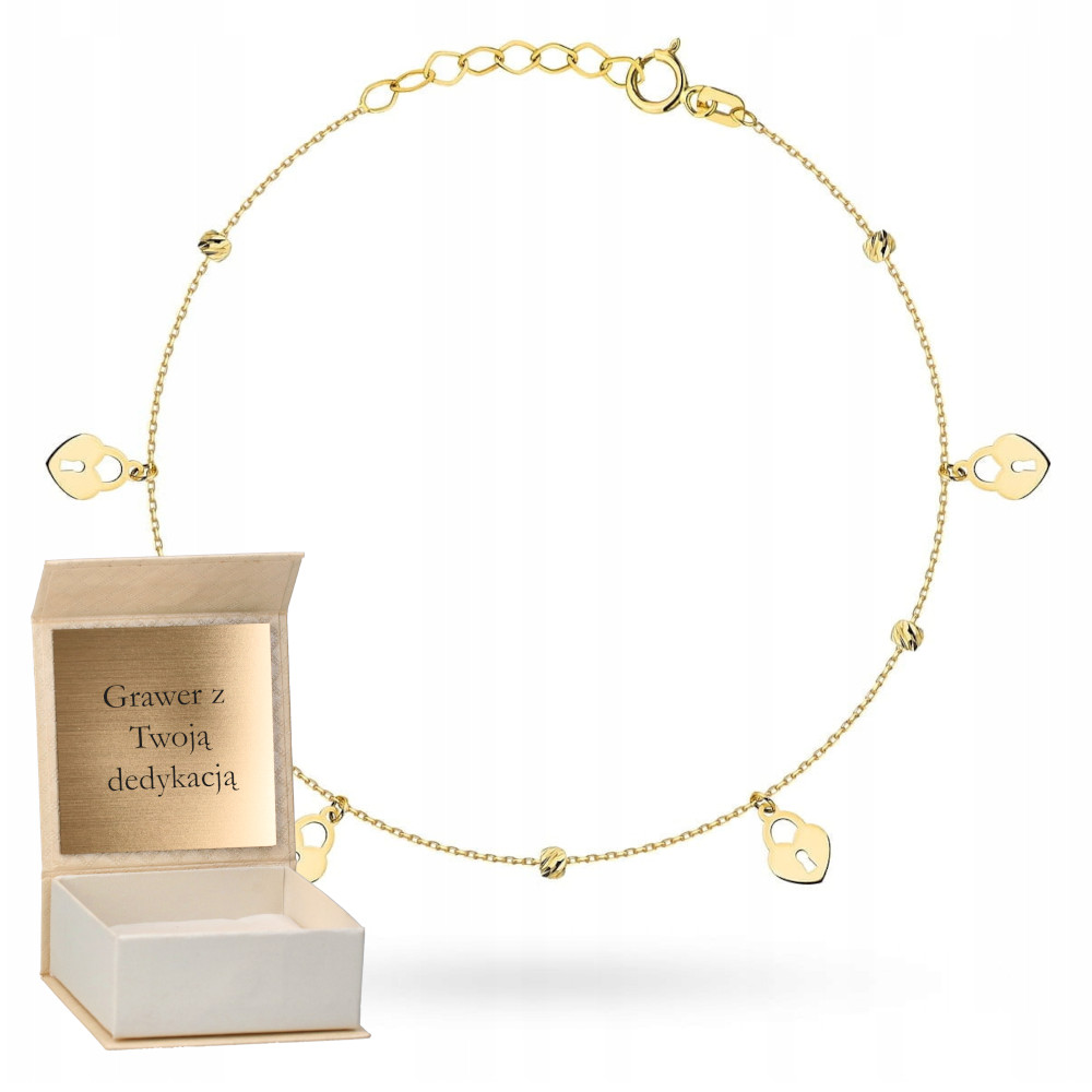 Zlatý náramek Diamantové kuličky a visací zámky Zlato pr.585 Regular Gravírování