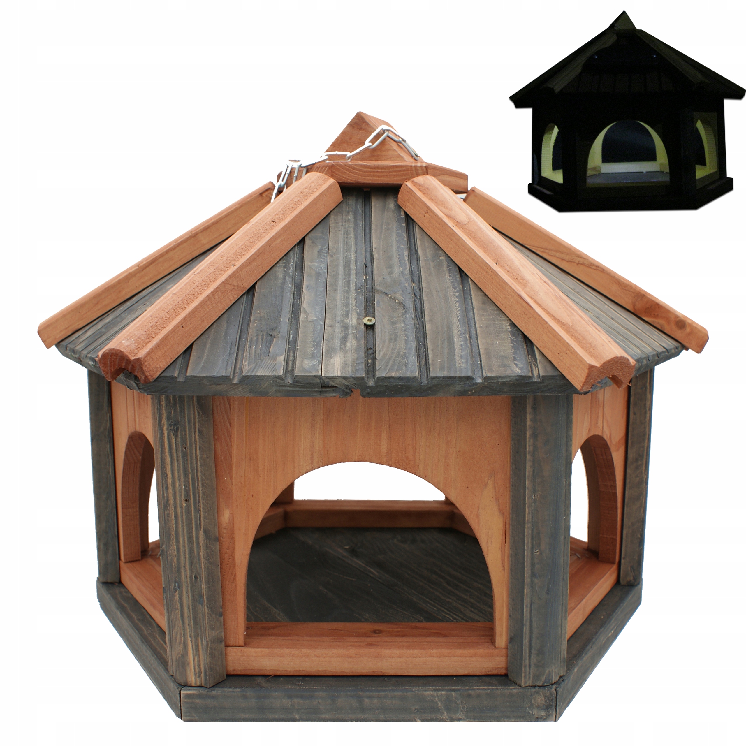 Krmítko pro ptáky ze dřeva antracit-tik K40_S s Led solárním osvětlením