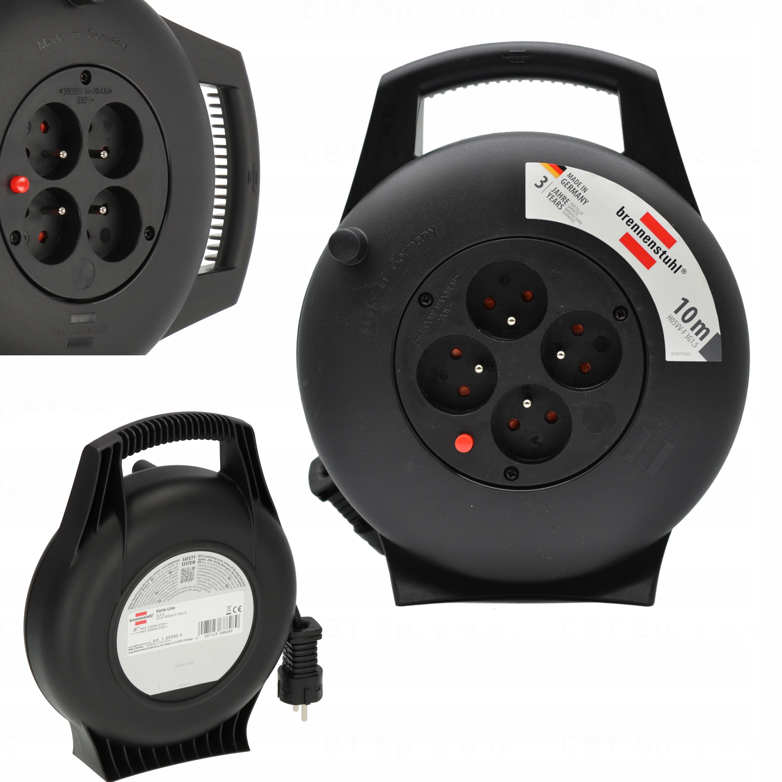 Przedłużacz Bębnowy Zwijany Kompaktowy Kabel 10M 4 Gniazda Uchwyt Zwijadło