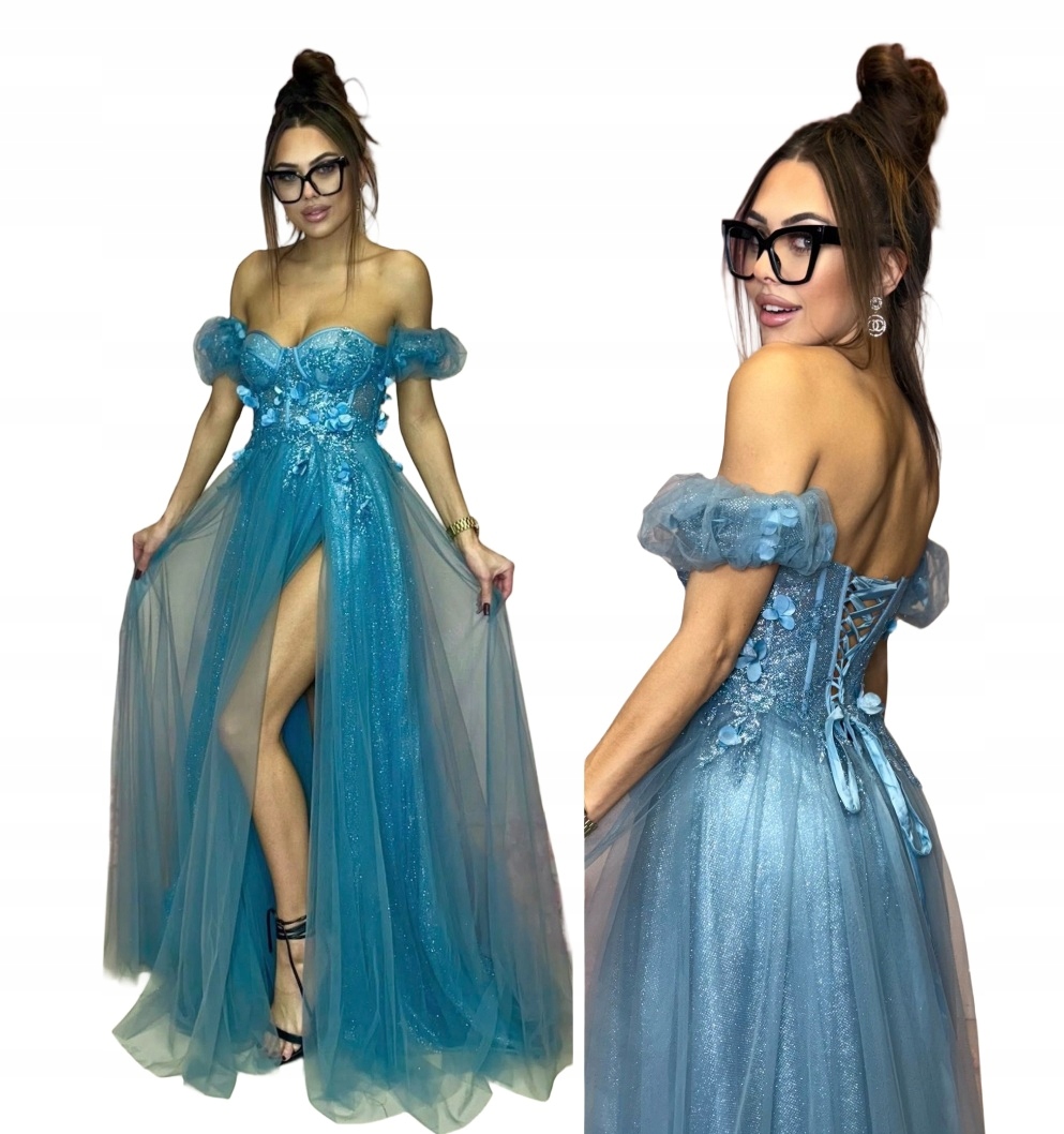 Madrid Modrý džínový Tylový Šaty Princezna plesová ples S