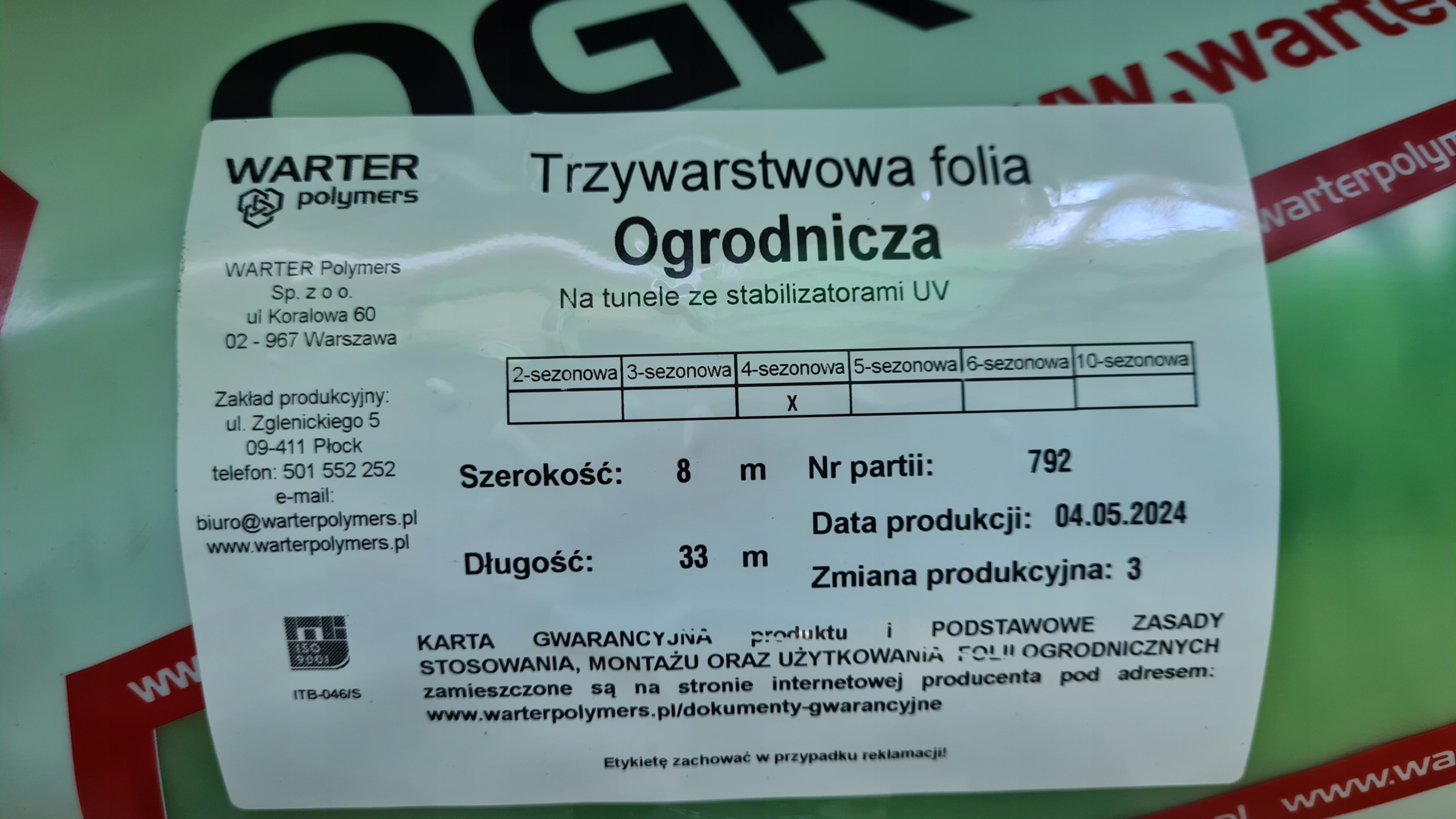 FOLIA OGRODNICZA TUNELOWA UV4 8x10MB MOCNA PRODUKCJA 2024r. cięta na wymiar Kod producenta HCAUV4_8mx10m_N