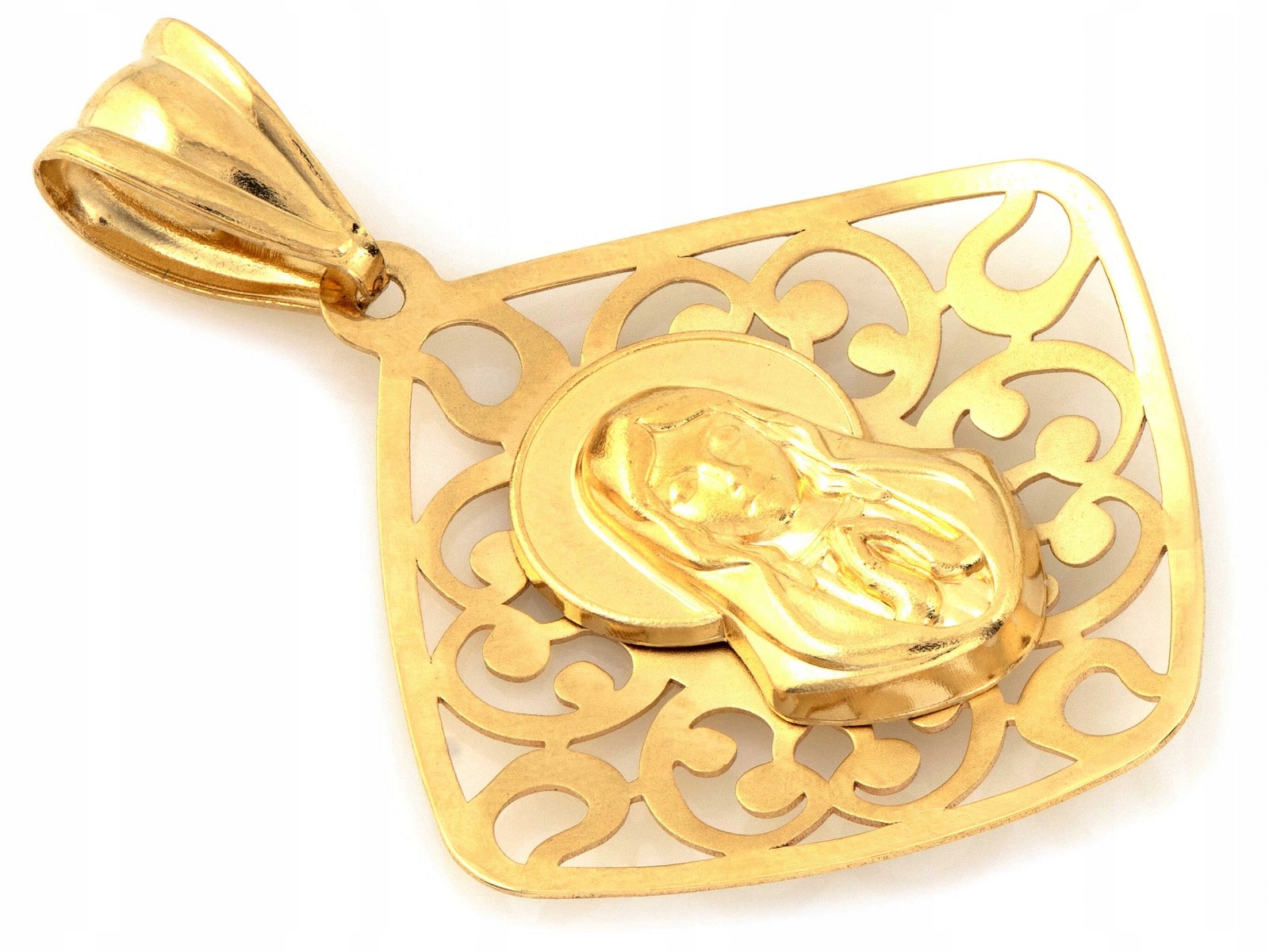 Zlatý přívěsek 585, čtvercový medailon s obrázkem Panny Marie