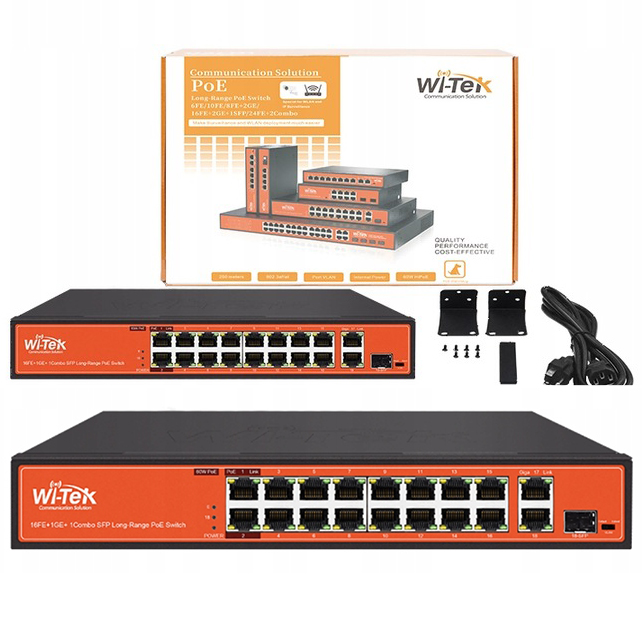 SWITCH prepínač POE 18-Port 200W 16xFE 16xPoE 2xHiPoE 60W dosah 250m