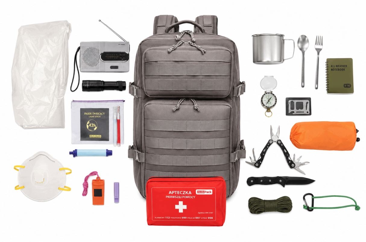 Wild Trek Plecak ewakuacyjny z wyposażeniem 21 elementów mobiPack szary