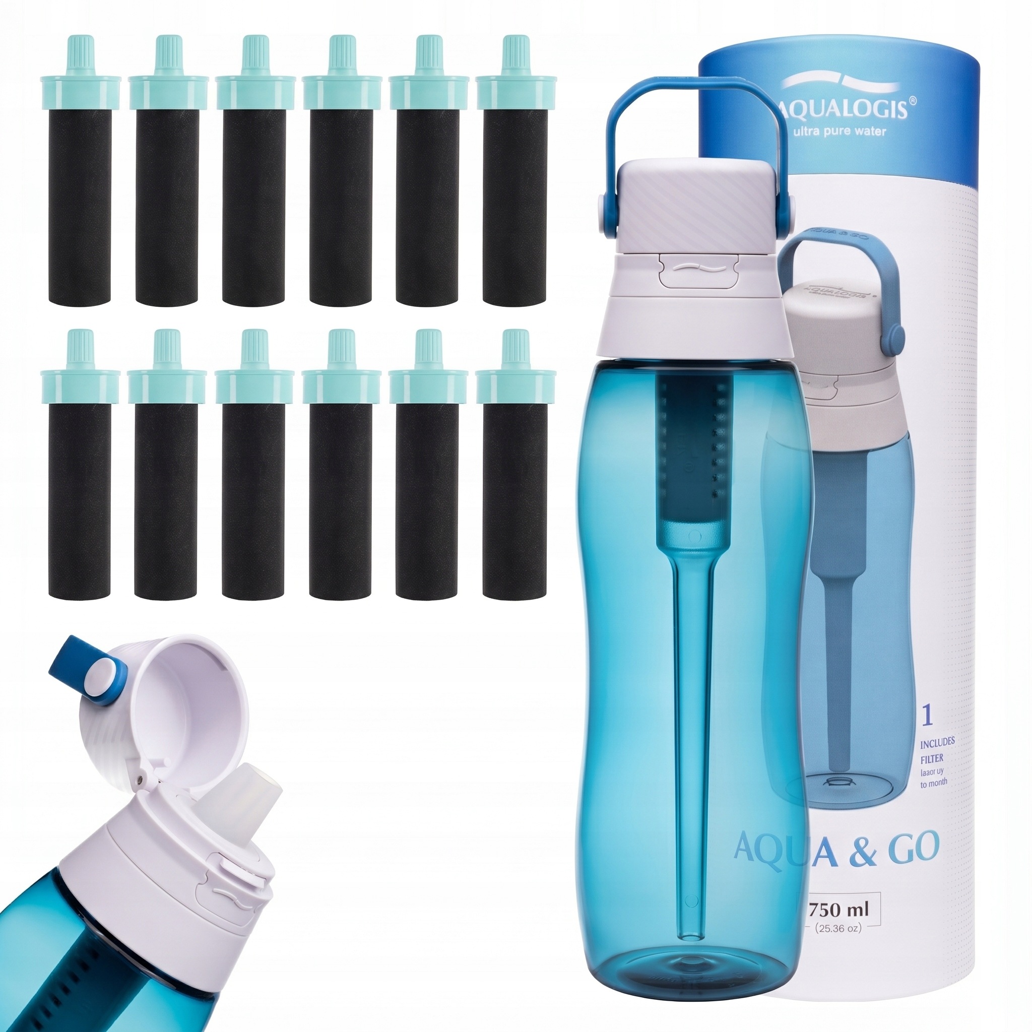 Filtrační láhev Aqualogis Aqua&Go 750 ml Tmavě modrá s 12 filtry