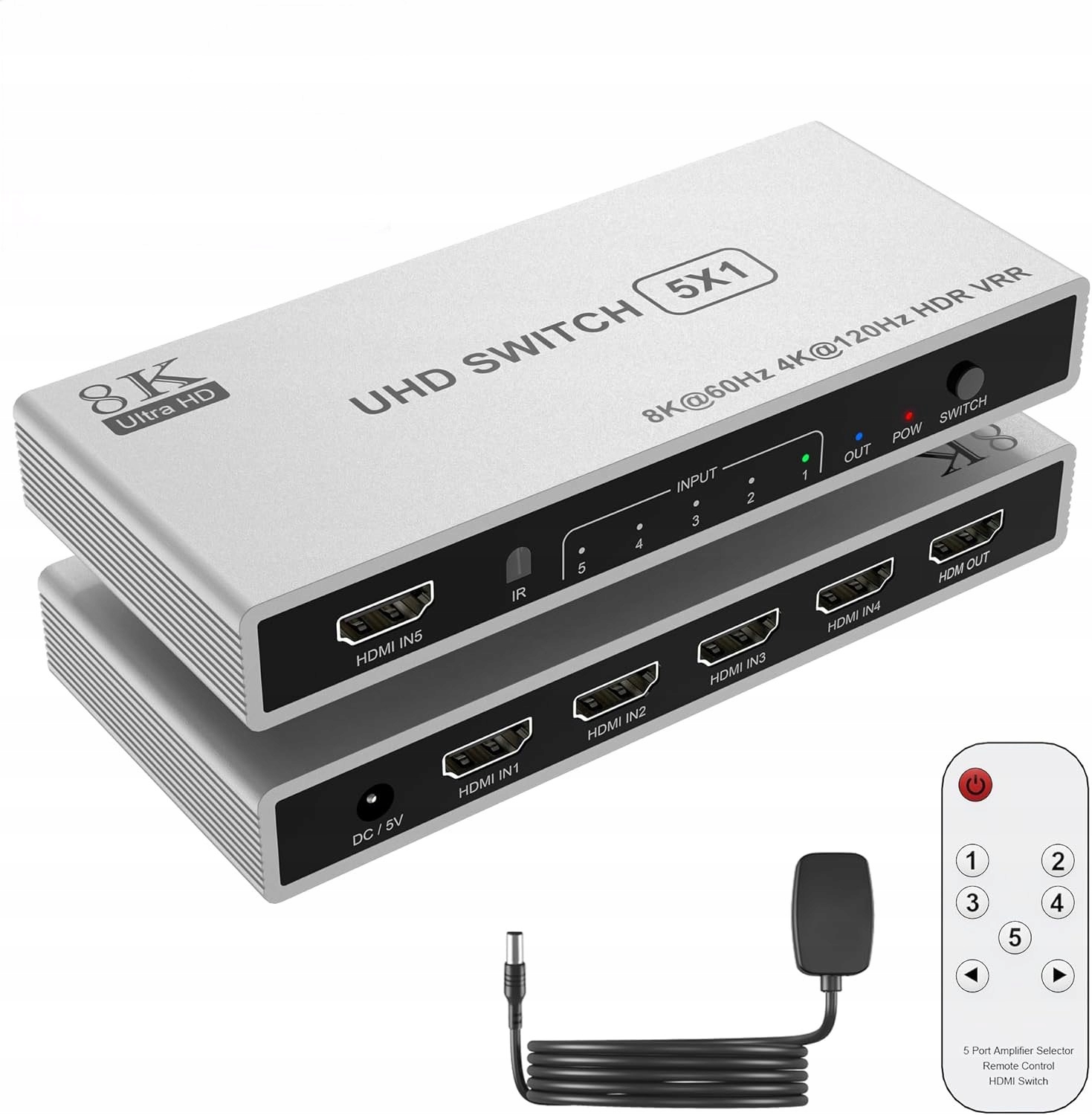 Hdmi přepínač 2.1 5x1 8K 60Hz 4K 120Hz Dálkové ovládání Ir HDR10+ Vrr Arc 48 Gb/s