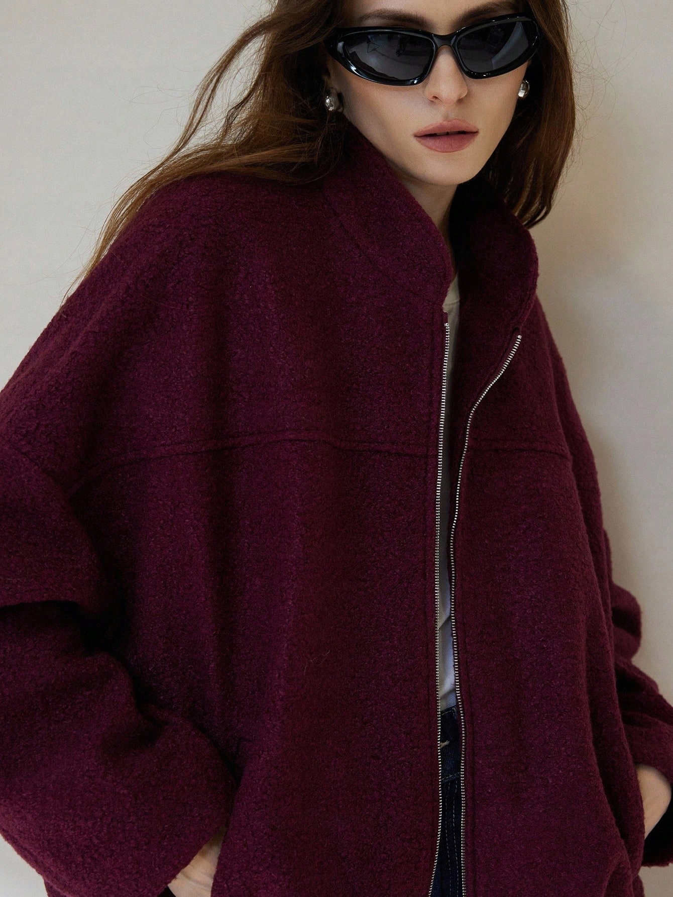 Dámská Fleecová Bunda Burgundská Teddy Sherpa Oversize Podzimní Shein, Velikost 40
