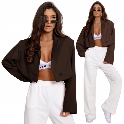 Krótka Marynarka Oversize Z Poduszkami Czekoladowa