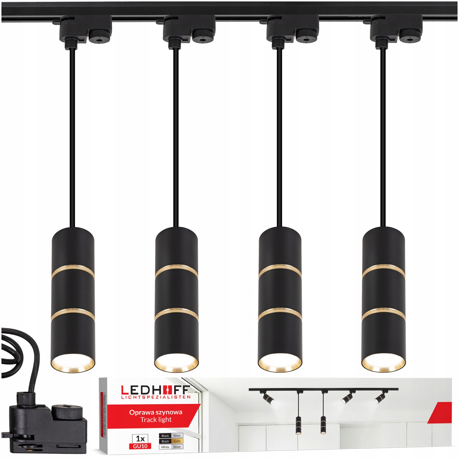 Koľajnicové osvetlenie Lišta 1 m 4x závesná Led lampa Tuba GU10 čierna Zlatá