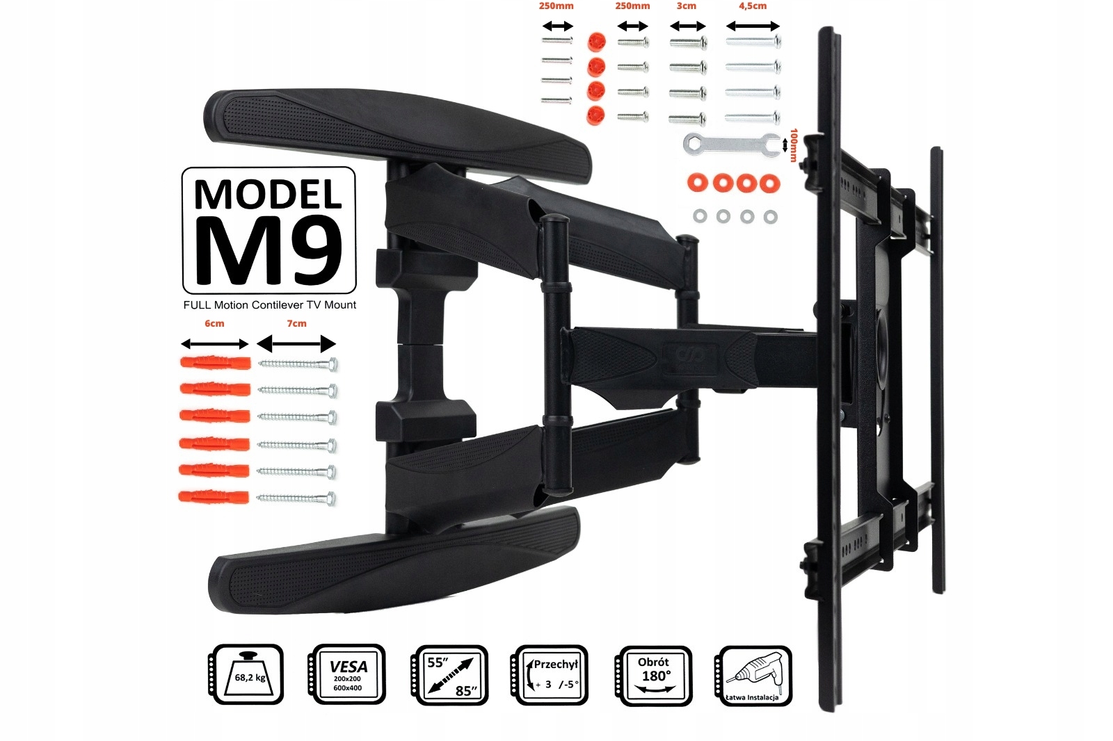 Regulowany obrotowy uchwyt wieszak na na duży telewizor Tv do 85 cali