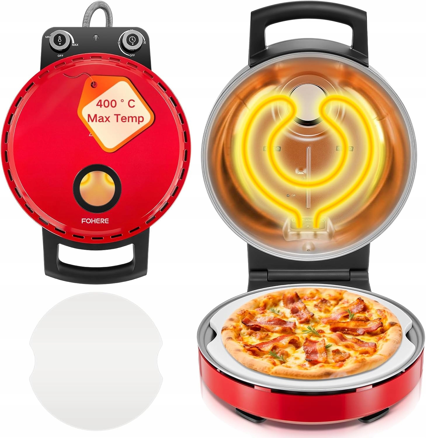 Kamna na pizzu Fohere 1500 W elektrická s kordieritovým kamenem, červená