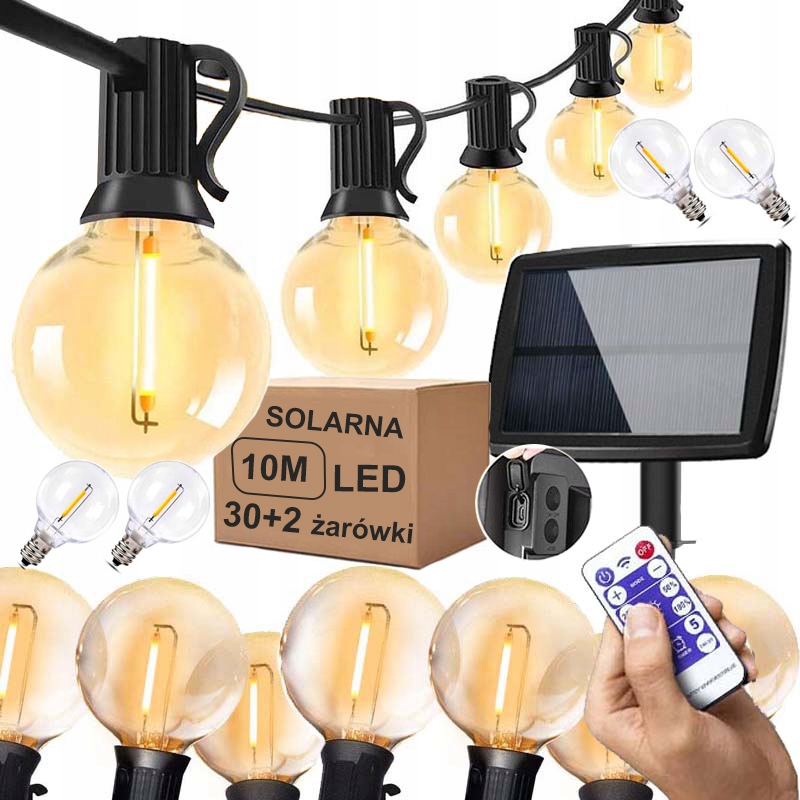 GIRLANDA SOLARNA LAMPKI OGRODOWA ŁAŃCUCH ŚWIETLNY 30x ŻARÓWKI LED Z PILOTA
