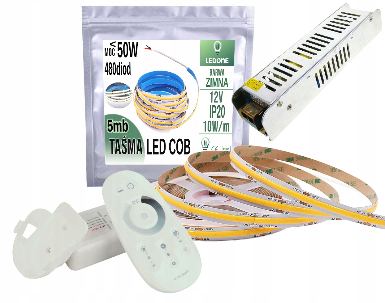Set Led linka Cob Cw 12V 50W 5mb Dálkový Ovladač Rf dotyk