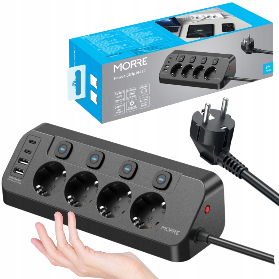 PRZEDŁUZACZ LISTWA ZASILAJĄCA narożna 4 GNIAZDA 230V, 2x USB-C, 2x USB-A 2M