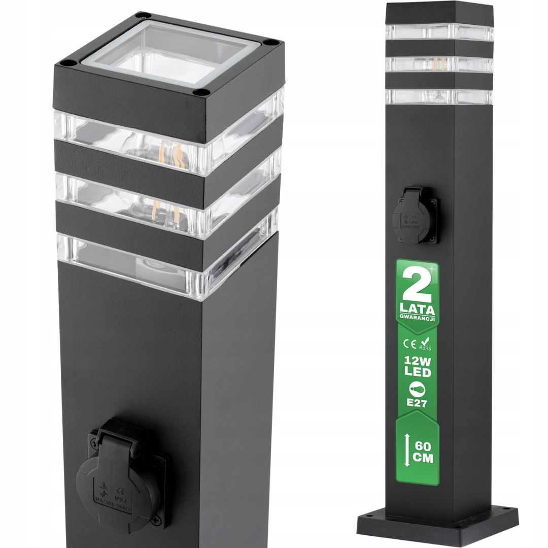 Słupek ogrodowy LED E27 9x9 60cm z gniazdem 230V
