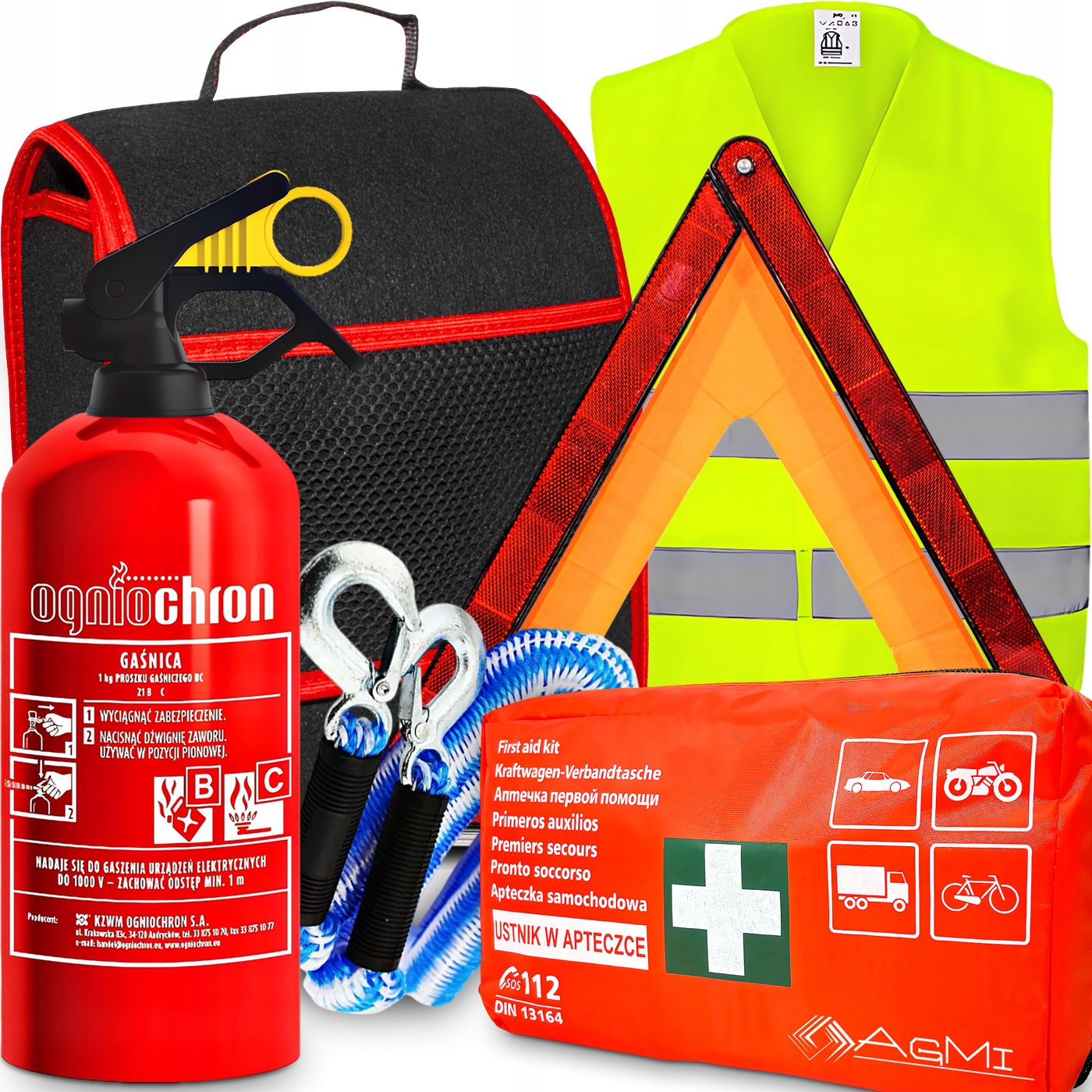 Sada Na Přehled Hasicí Přístroj Lékárnička Trojkat Vesta Tažné Lanko Pouzdro