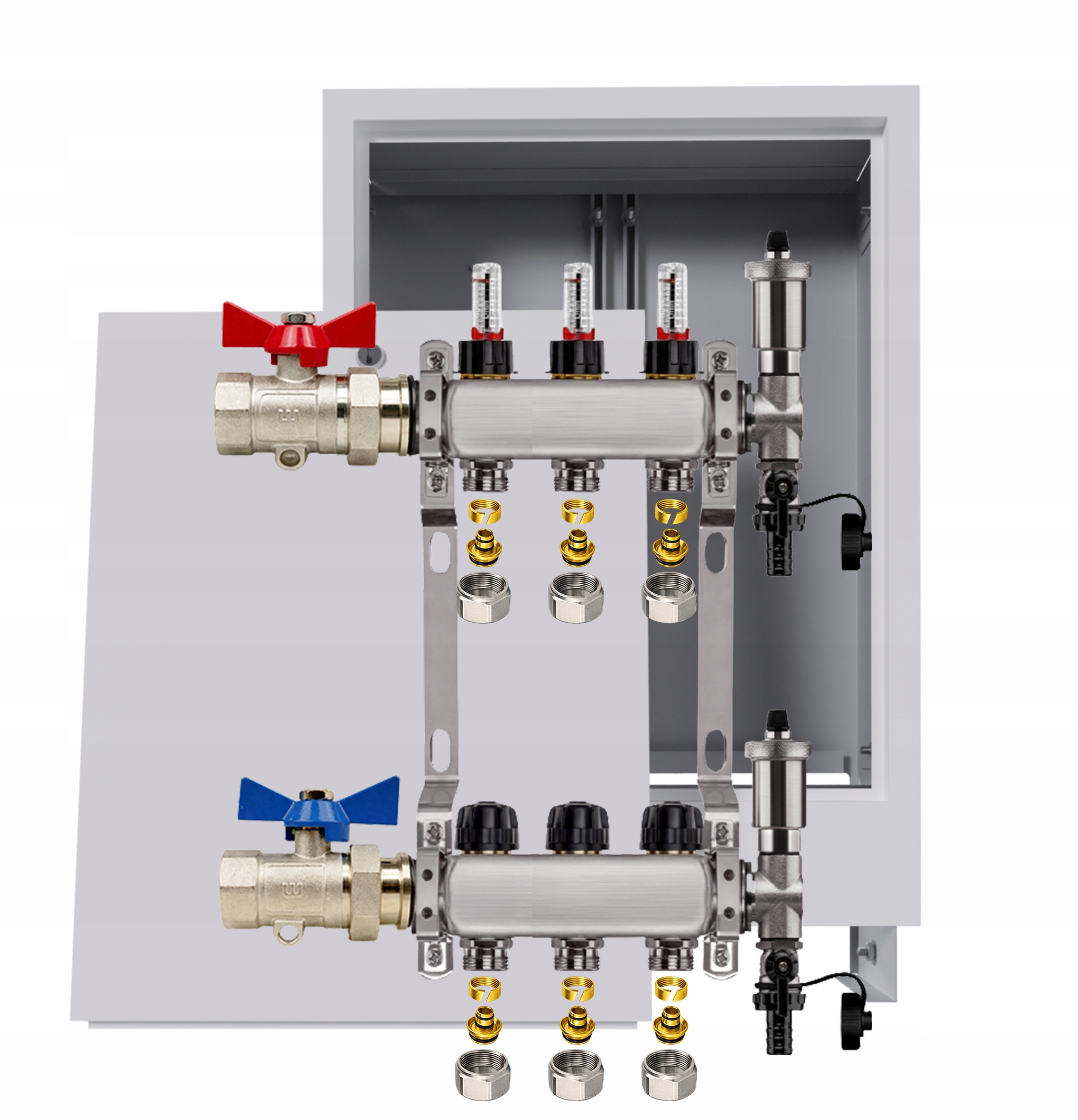 Nerezový rozdělovač pro podlahu 3 okruhy podomítková skříňka Pex