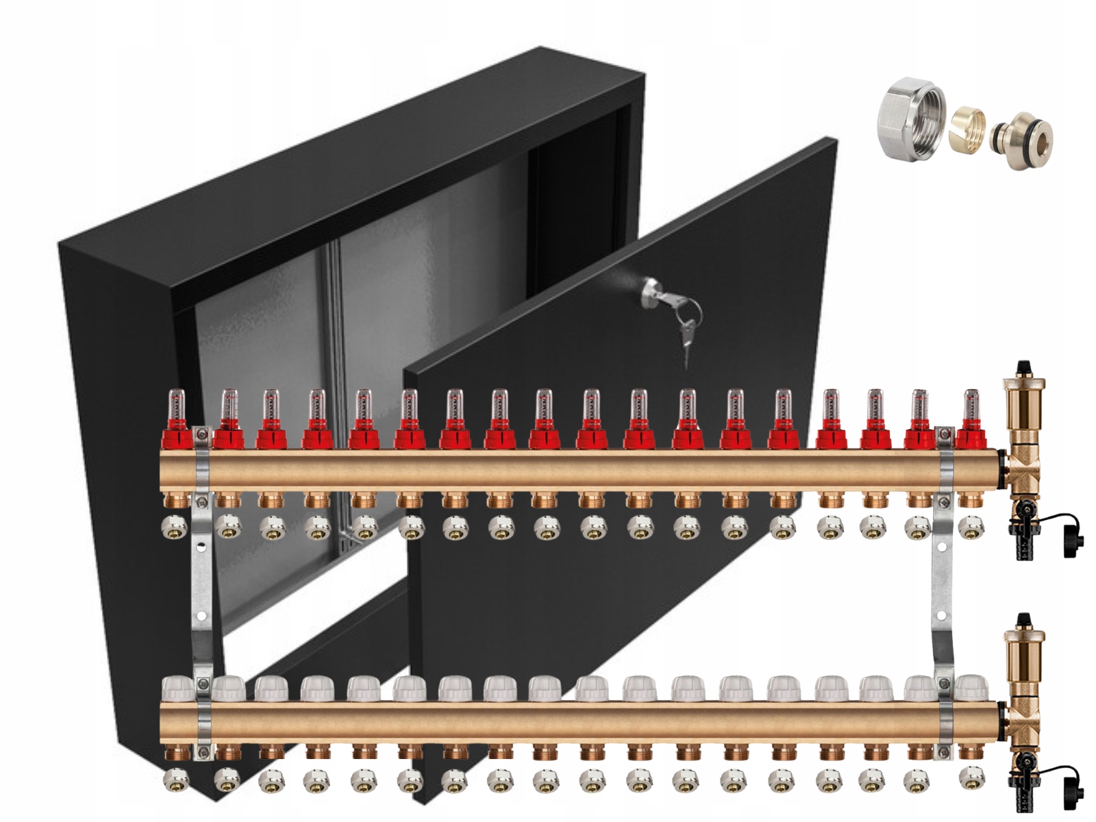 Rozdělovač Pro Podlahu 18 Sekcí Pex Spojky Nástěnná Skříňka Černá