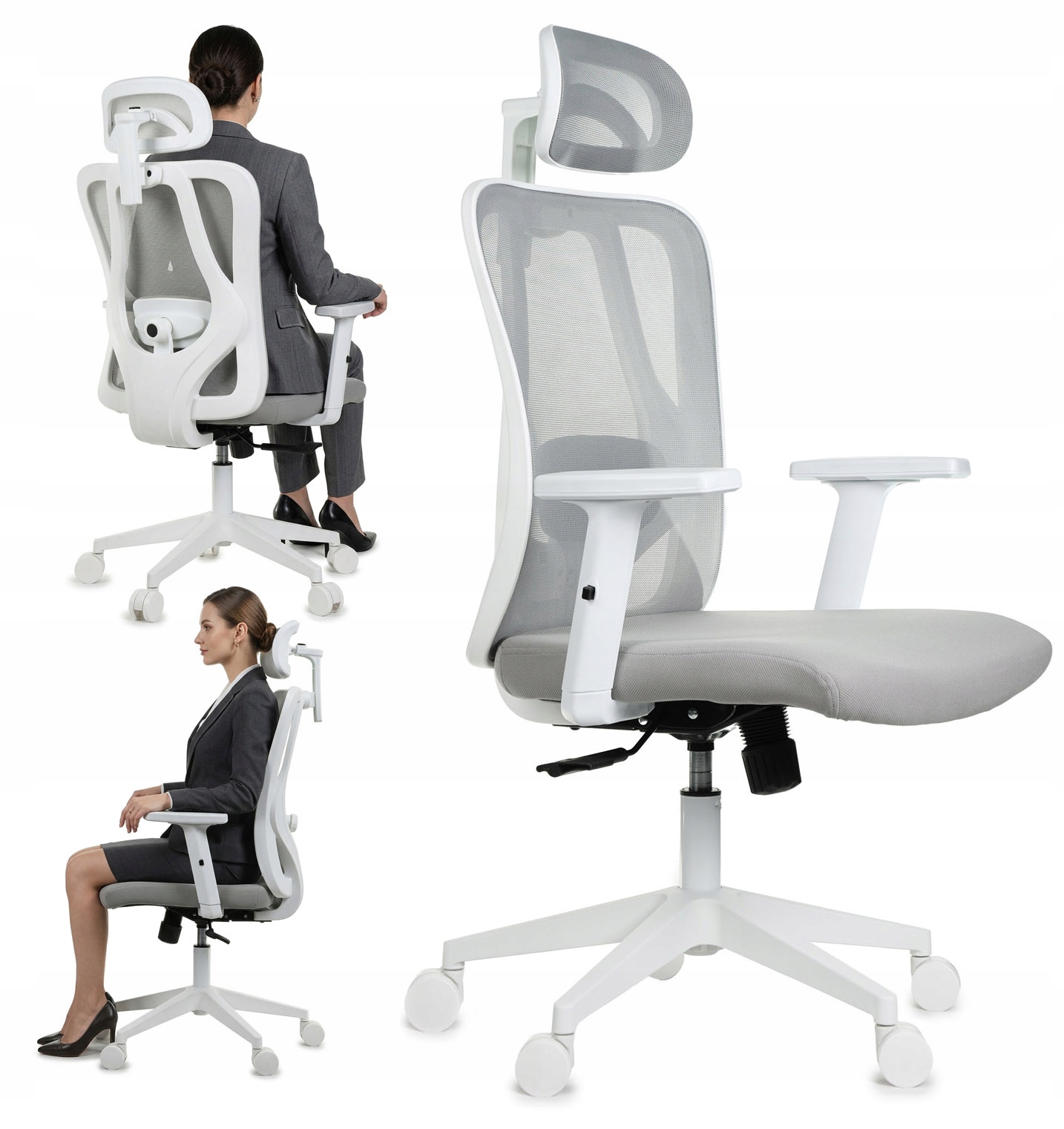 Ergonomicky pohodlná kancelárska stolička, sivá, biela opierka hlavy, bedrová podpora