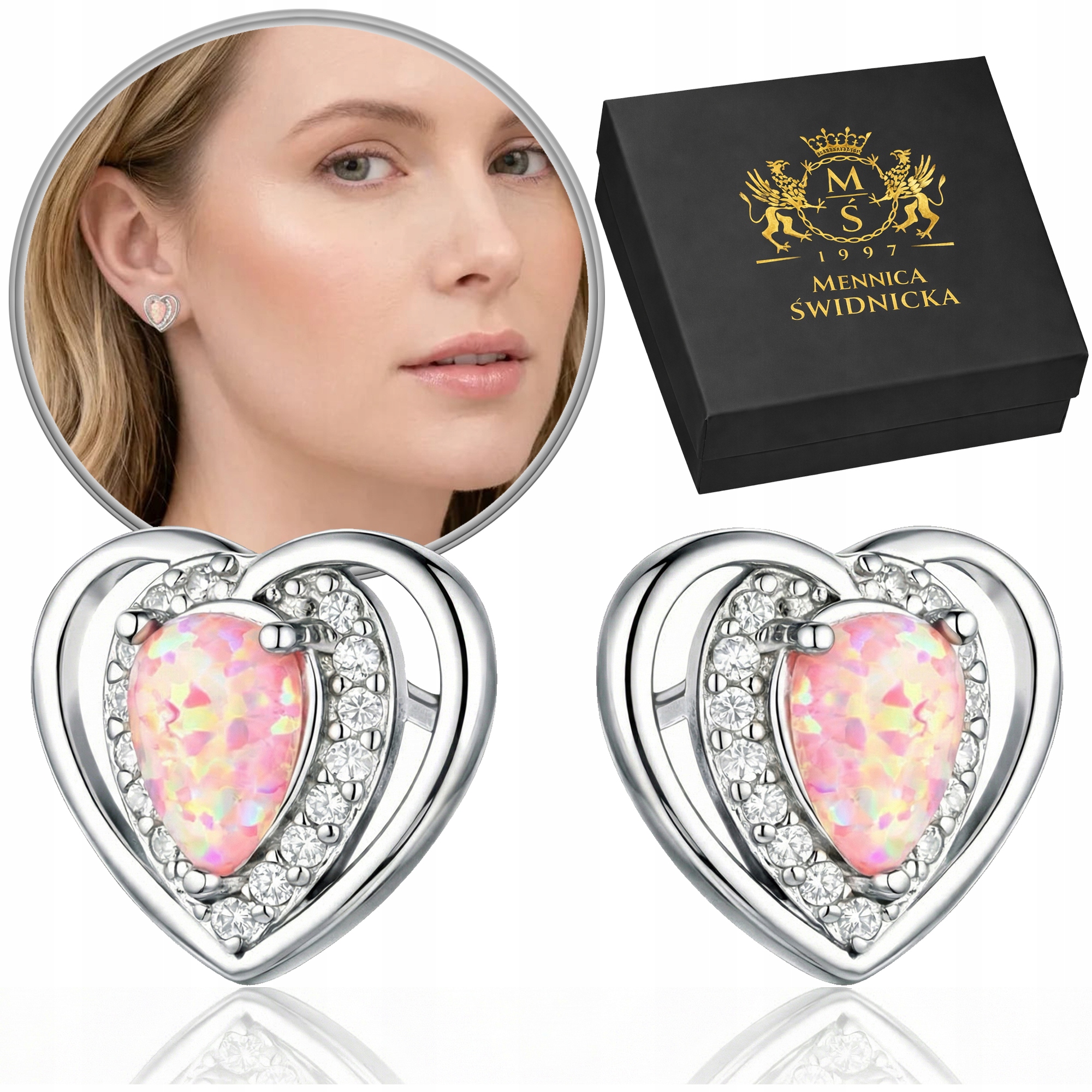 Srebrne 925 Kolczyki Serca Opal Sztyfty z Opalem Wkrętki Srebro 925 Grawer