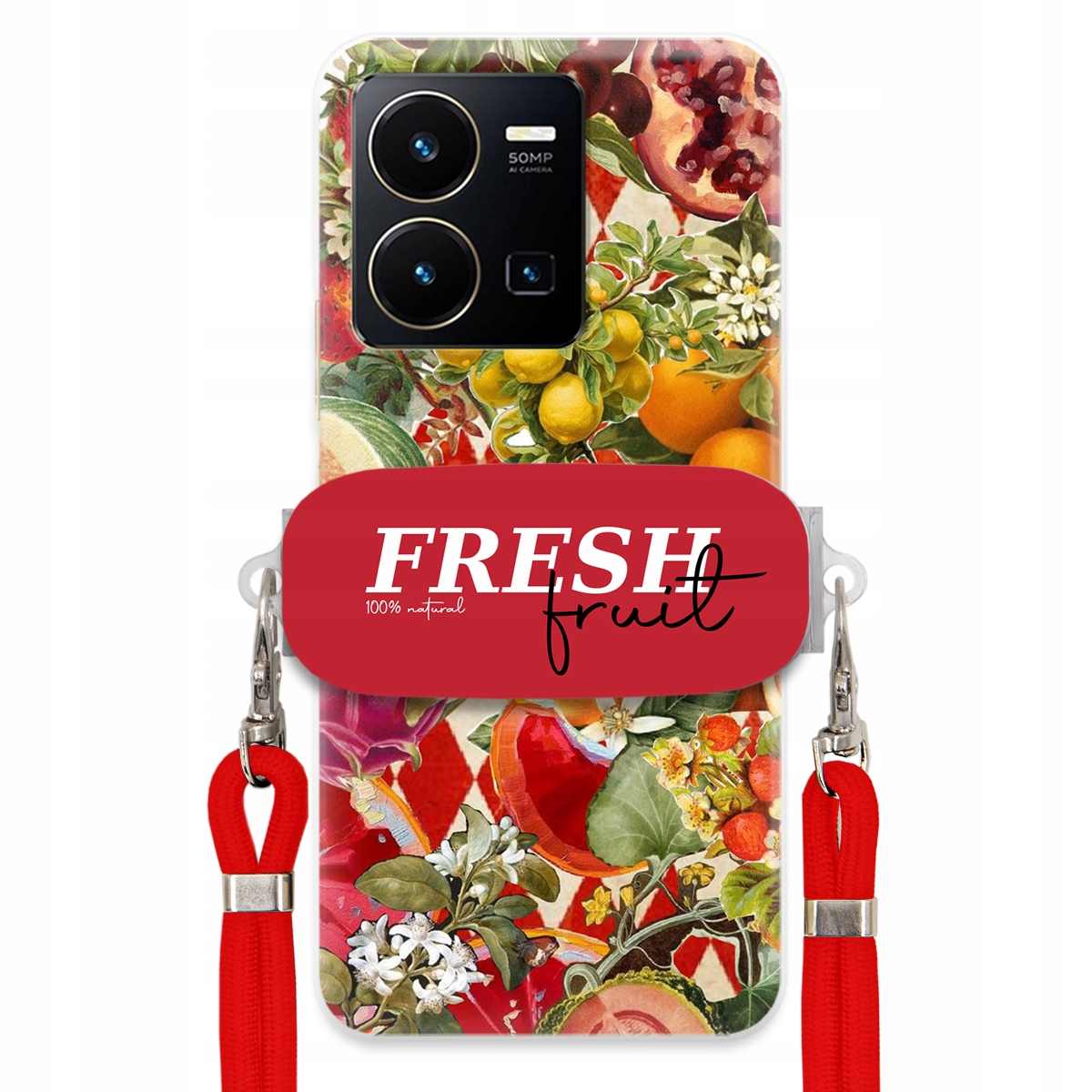 Puzdro pre Vivo Y35 4G Červené Crossbody vodítko držiak Fresh Fruit Ovocné