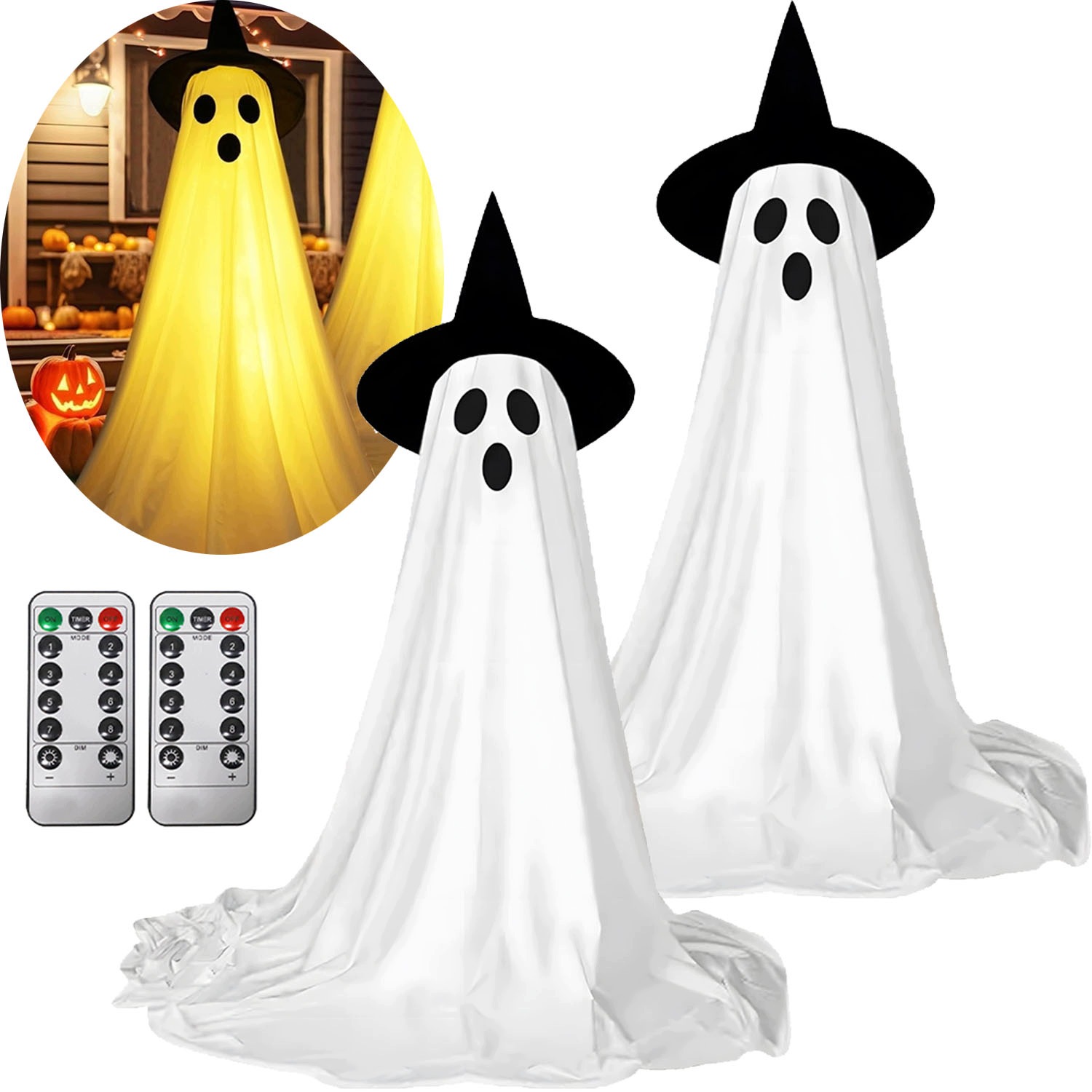 Svítící duchové na Halloween 2 Ks Led dálkové ovládání Regulace výšky 60-210 cm