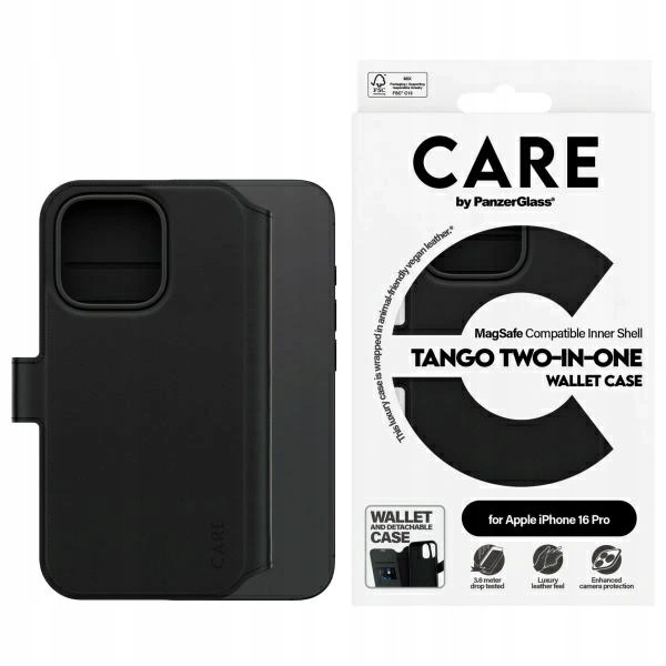 Flipové pouzdro Care PanzerGlass 2v1 Wallet MagSafe pro iPhone 16 Pro, černé