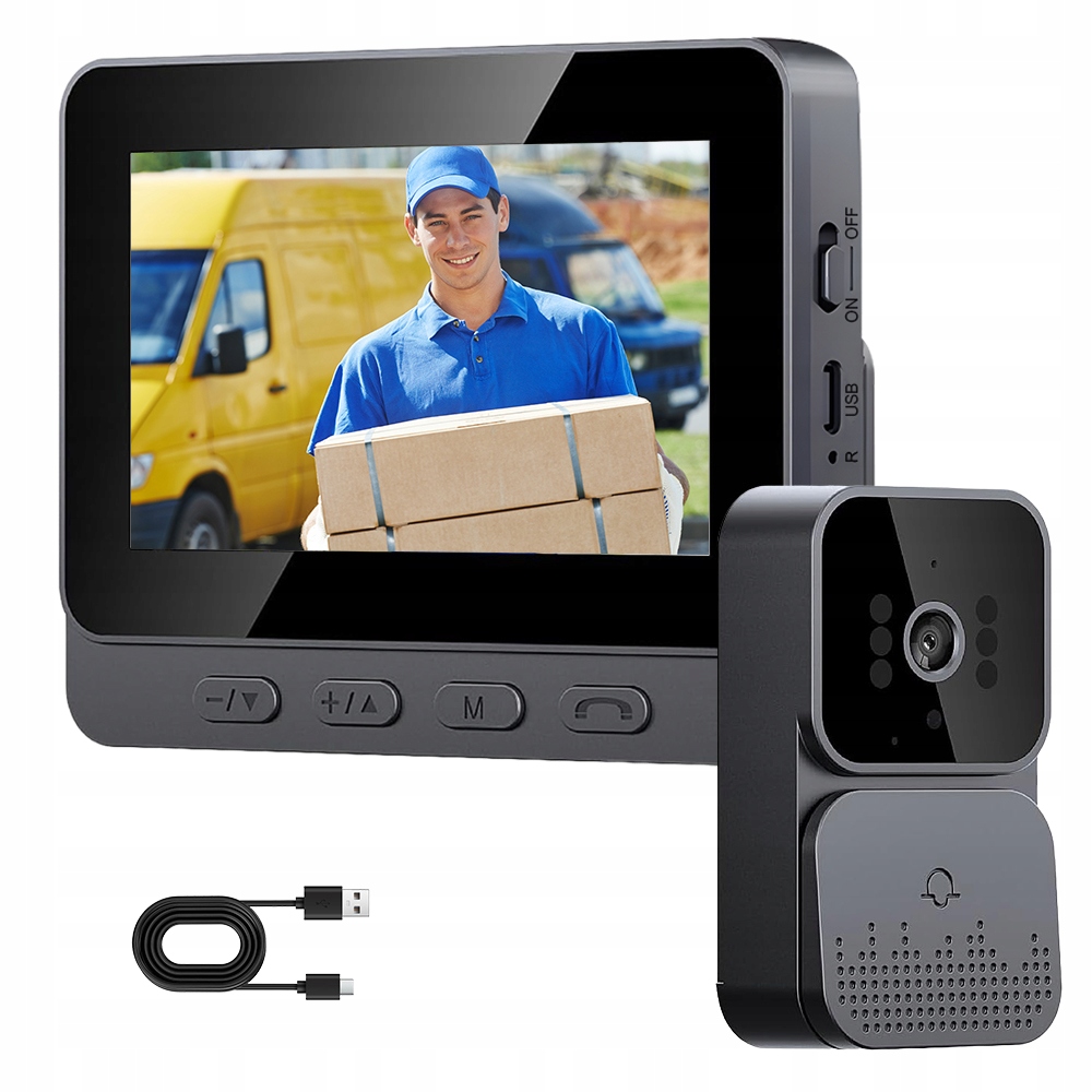 Domofon Bezprzewodowy Z Monitorem 4.3" Ips Nagranie Wideo Czarny