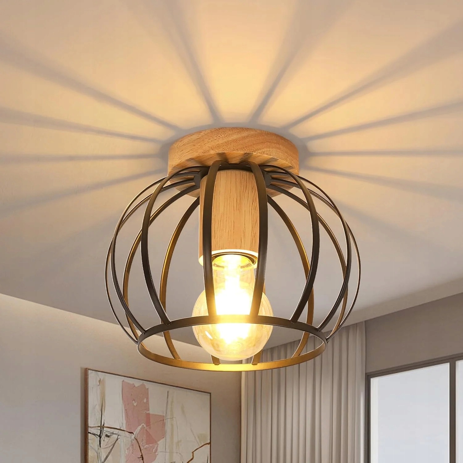 Stropní svítidlo E27 černá závěsná lampa dřevo kulatá retro do obývacího pokoje