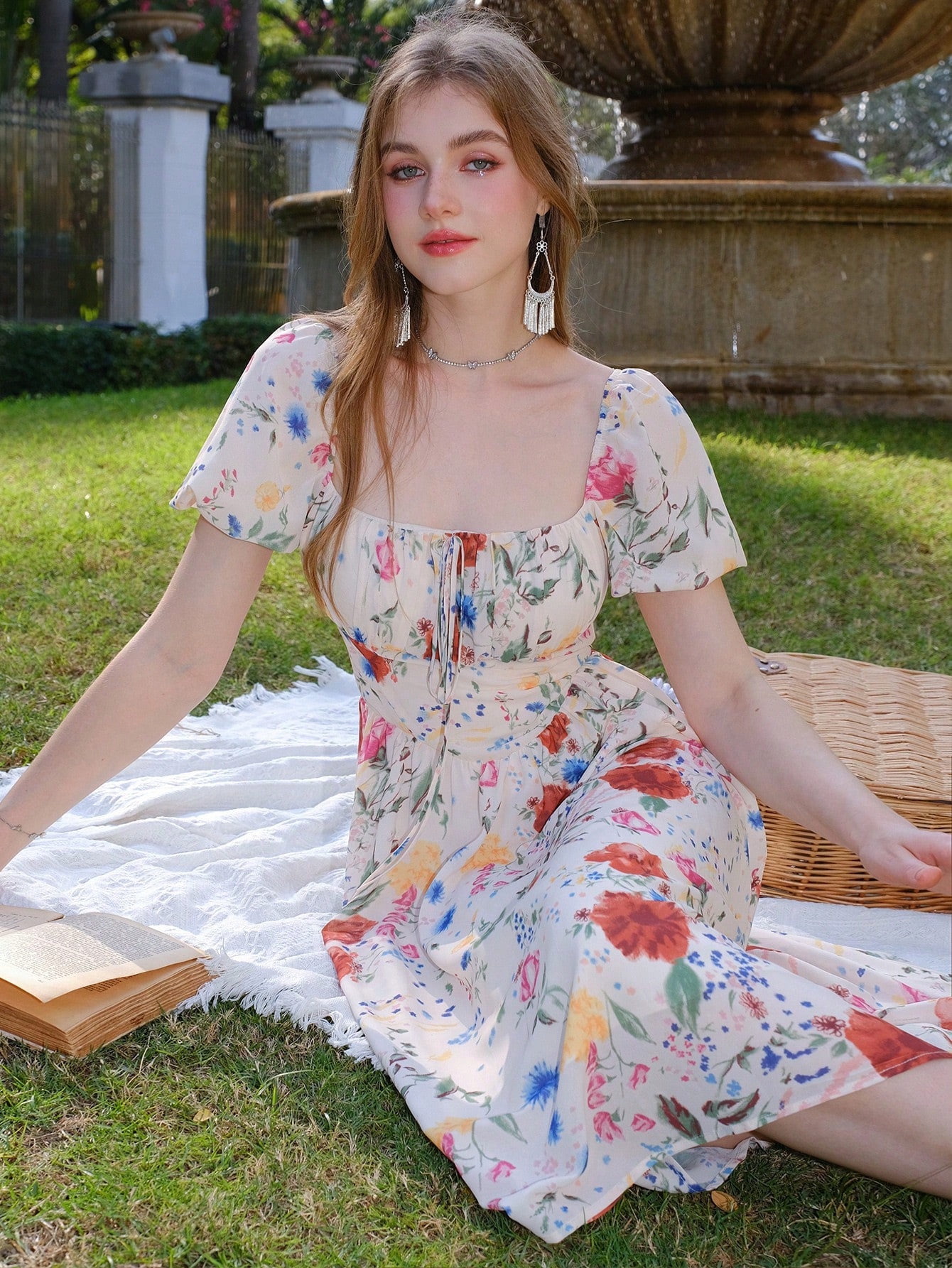 Šaty Rozkládací Béžová MIDI Květinový Čtvercový Výstřih Shein Xs 34