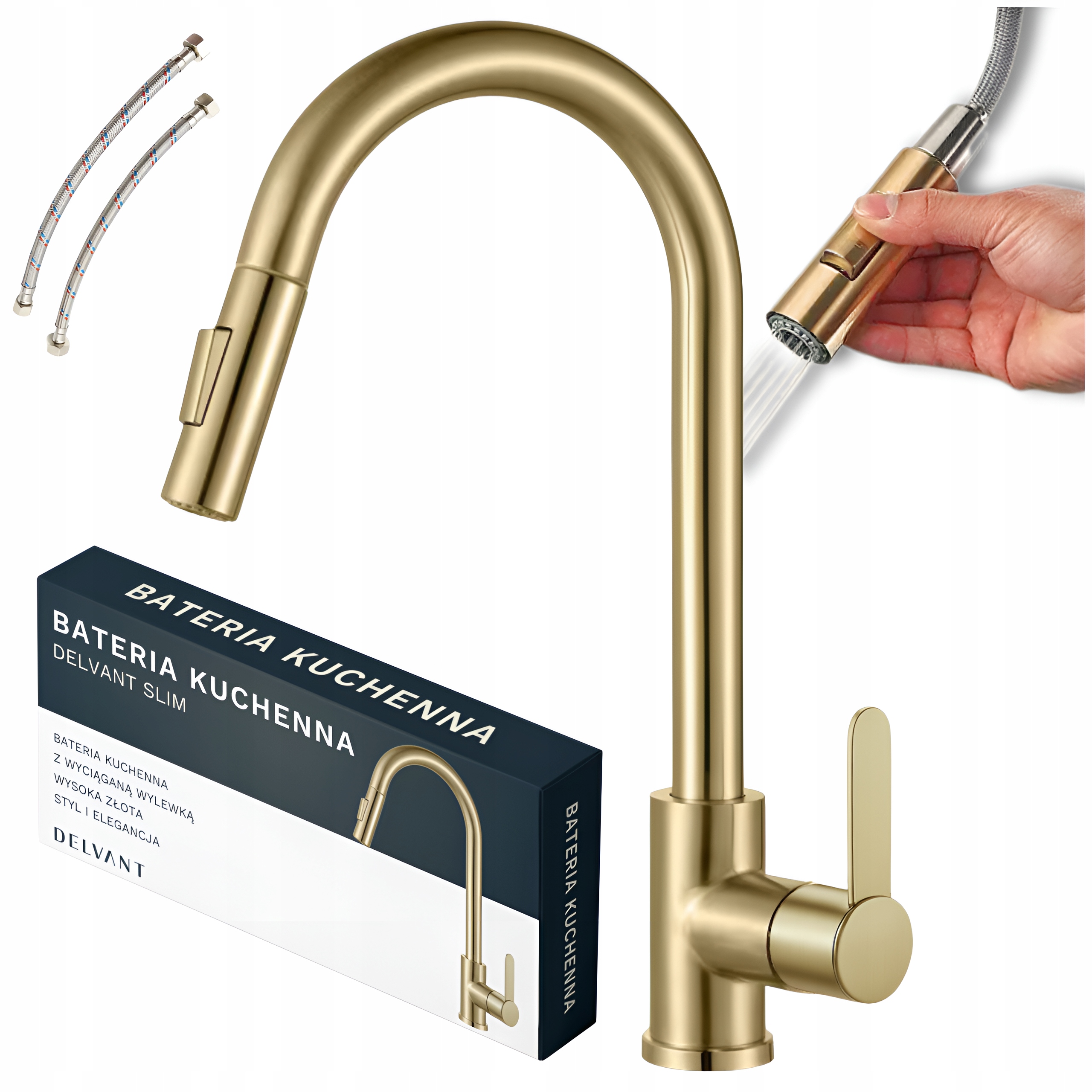 Bateria Kuchenna Z Wyciąganą Wylewką Zlewozmywakowa Kran Delvant Slim Złota